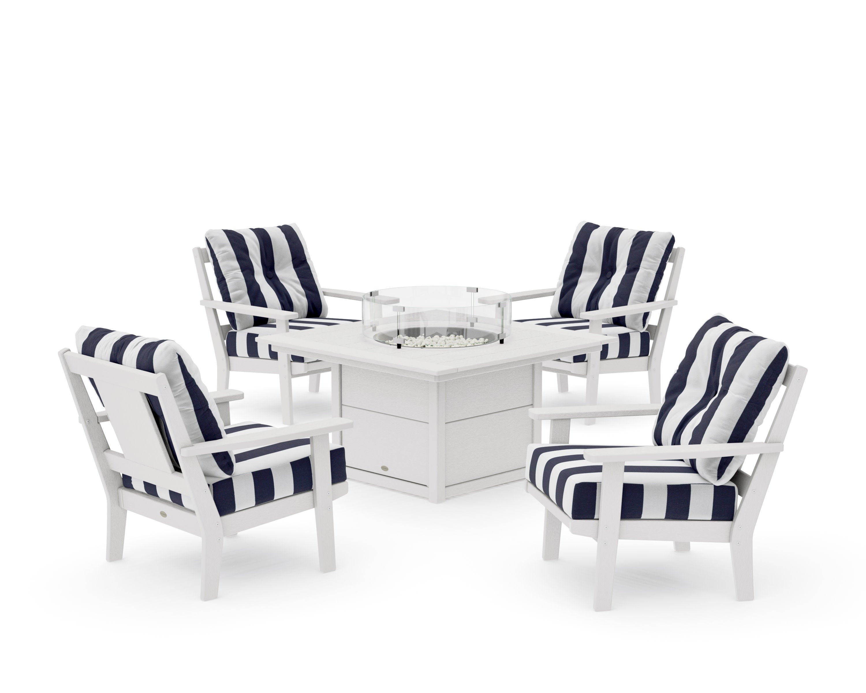 Prairie 5-Piece Deep Seating Set with Fire Pit Table in Vintage White / Cabana Stripe Navy
