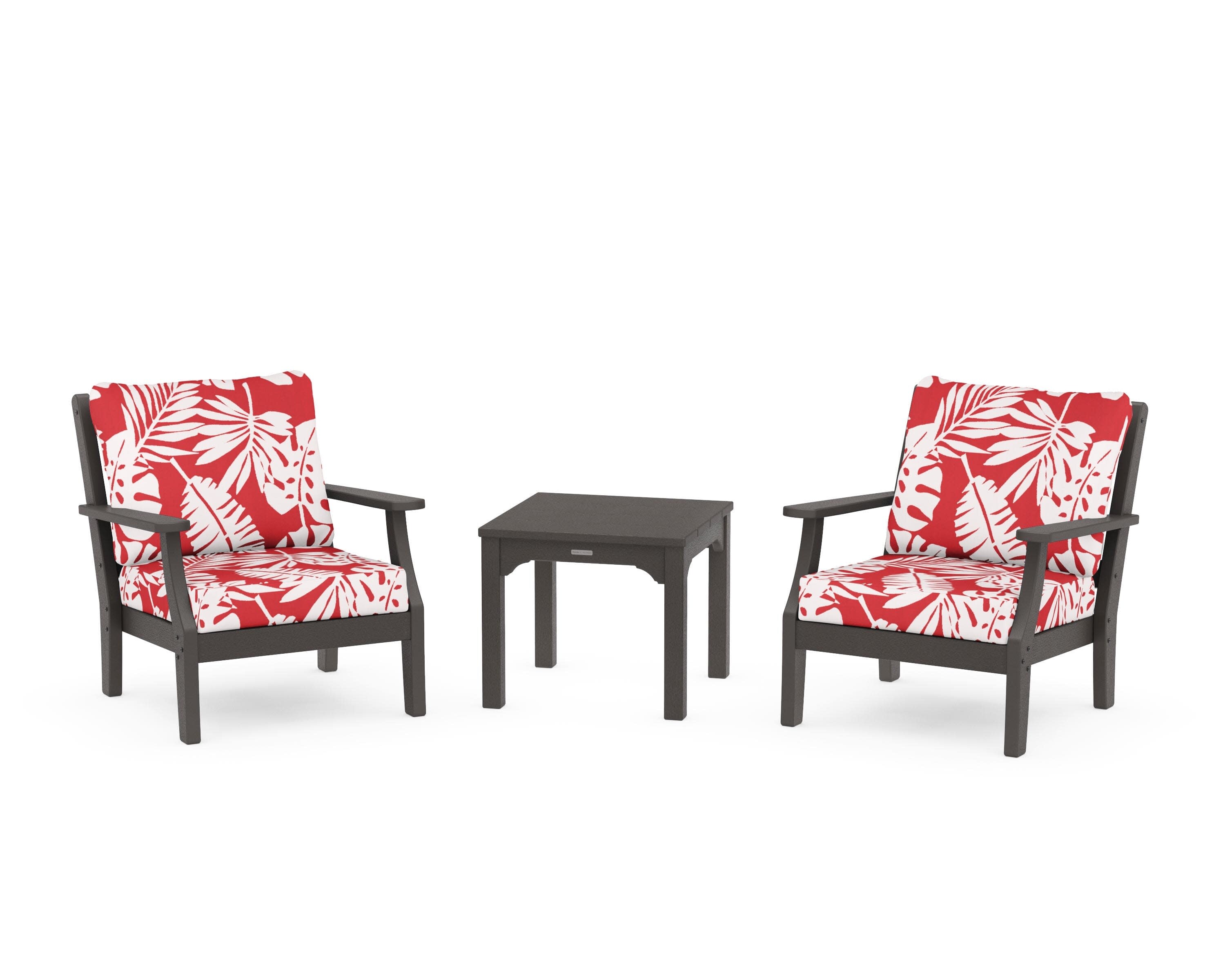 Chinoiserie 3-Piece Deep Seating Set in Vintage Coffee / Leaf Crimson