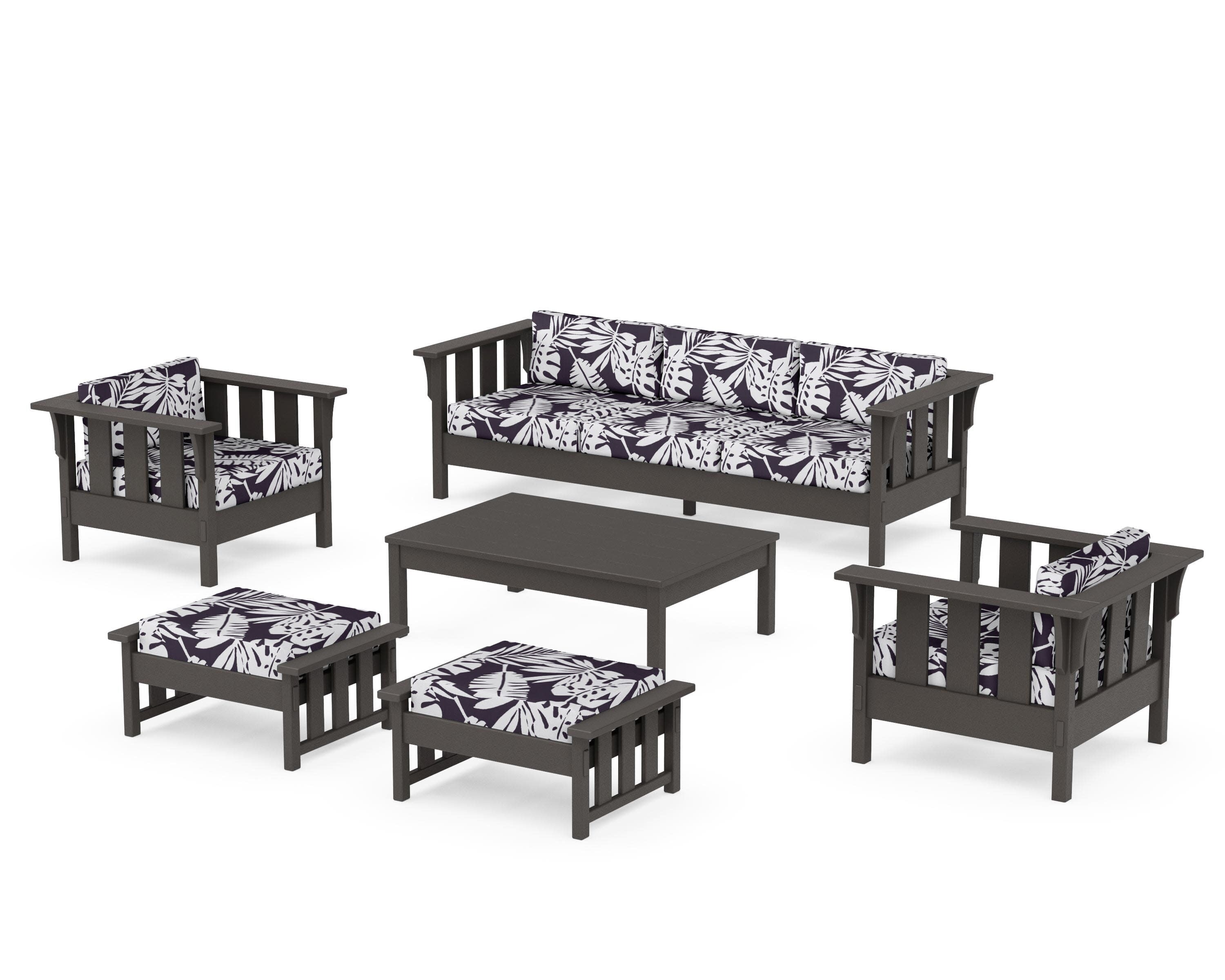 Acadia 6-Piece Lounge Sofa Set in Vintage Coffee / Leaf Navy