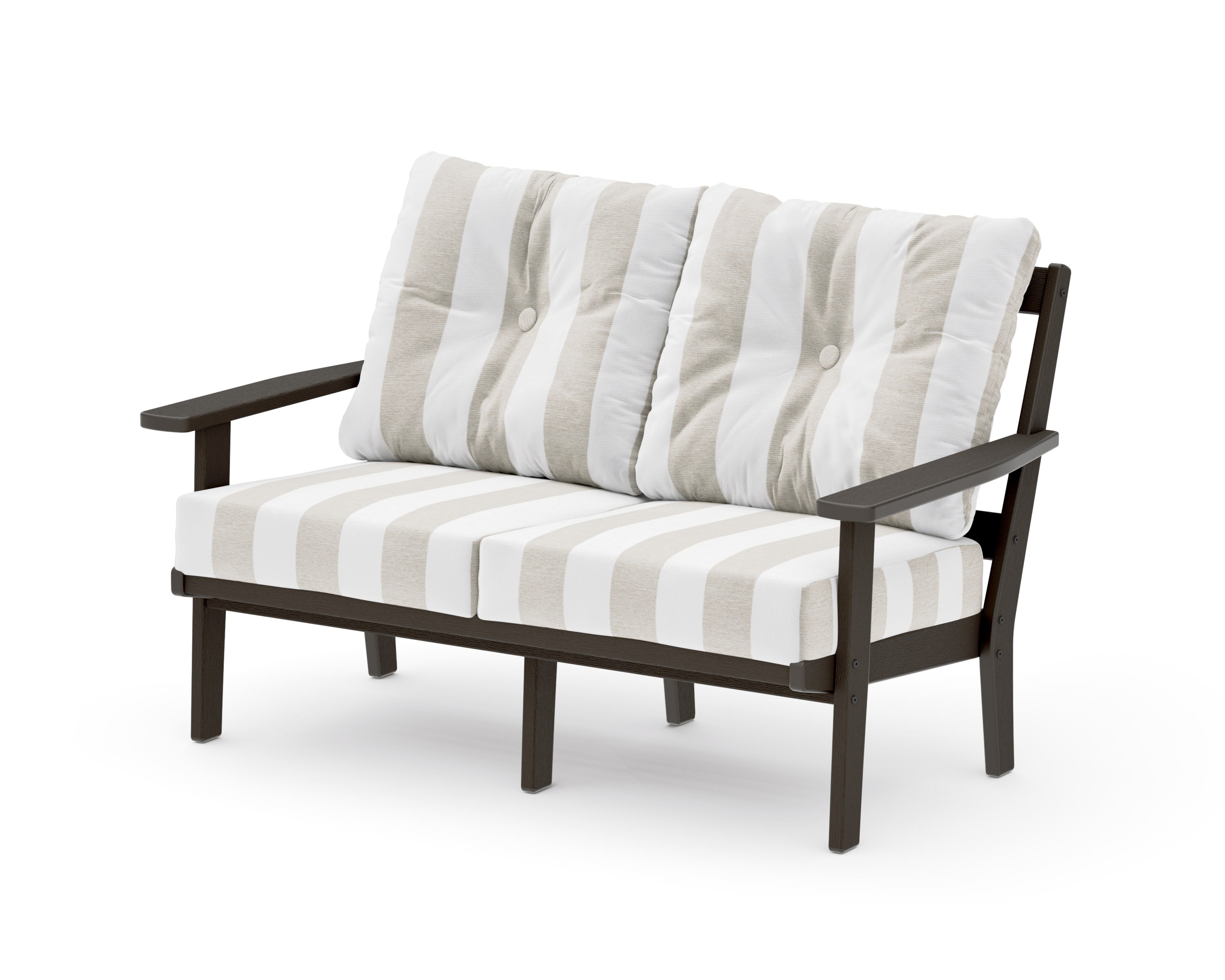 Oxford Deep SeatingLoveseat in Vintage Coffee / Cabana Stripe Dune Burlap
