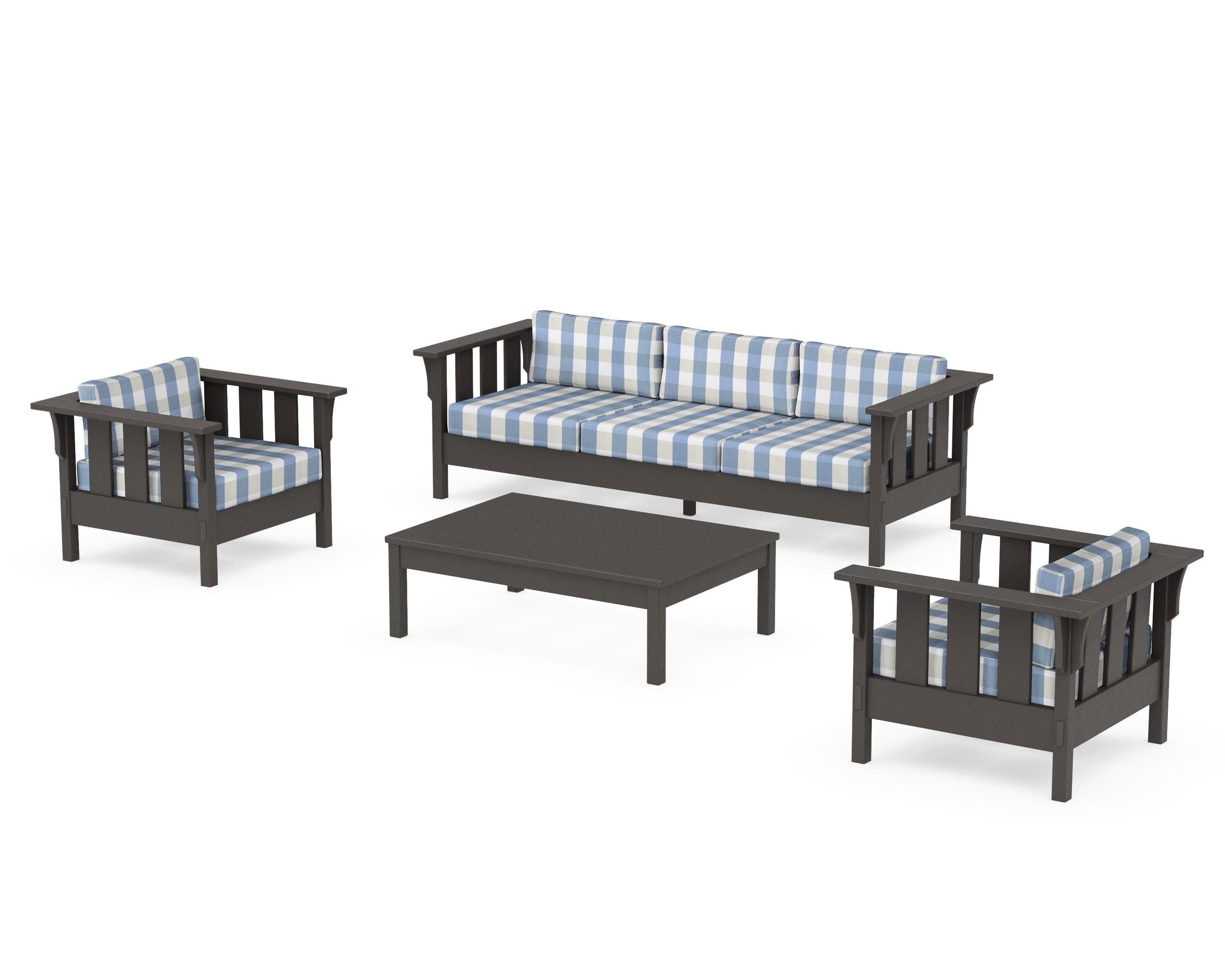 Acadia 4-Piece Deep Seating Set with Sofa in Vintage Coffee / Buffalo Plaid Sky Blue
