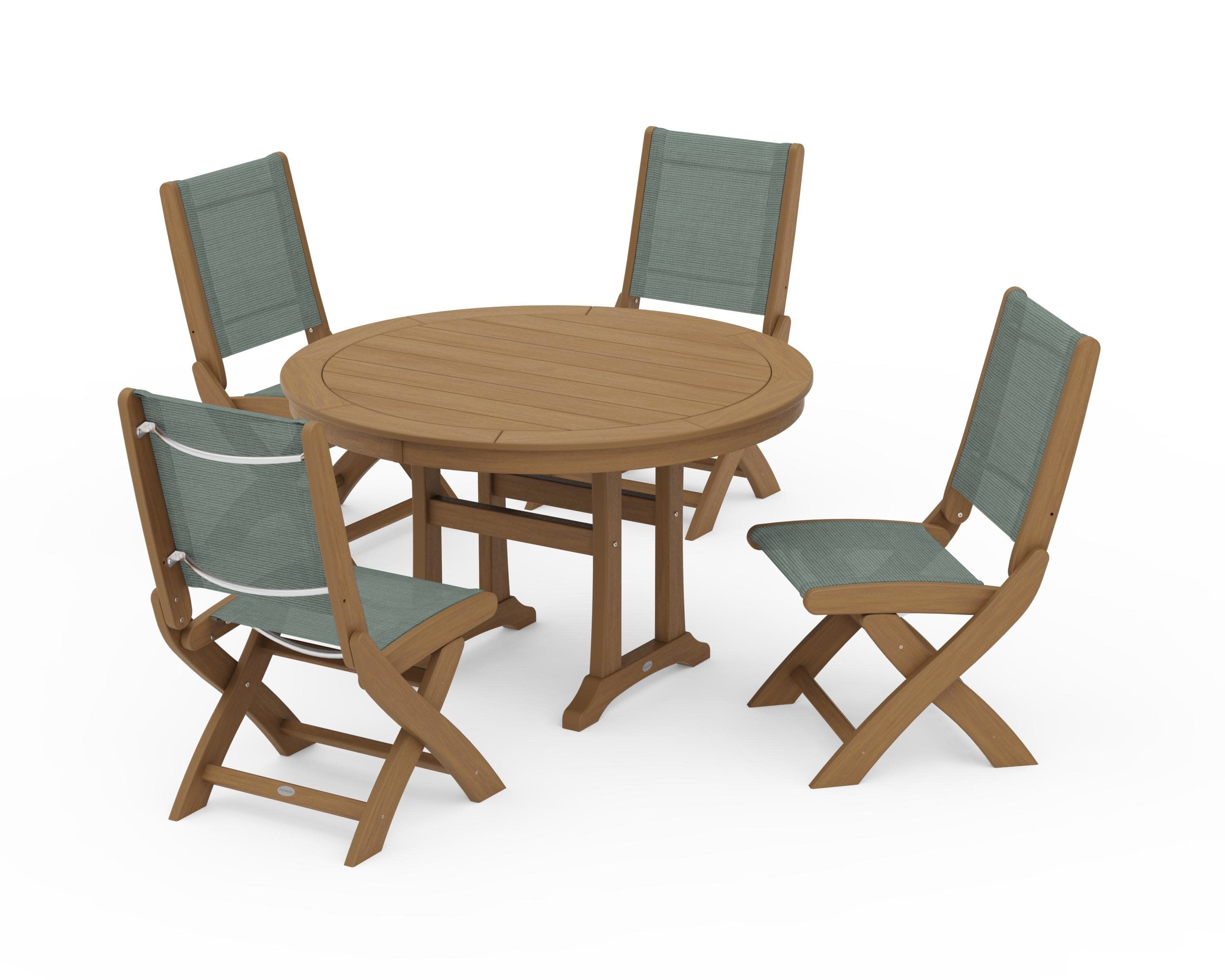 Coastal Folding Side Chair 5-Piece Round Dining Set With Trestle Legs in Natural / Dupioni Sea Mist Sling