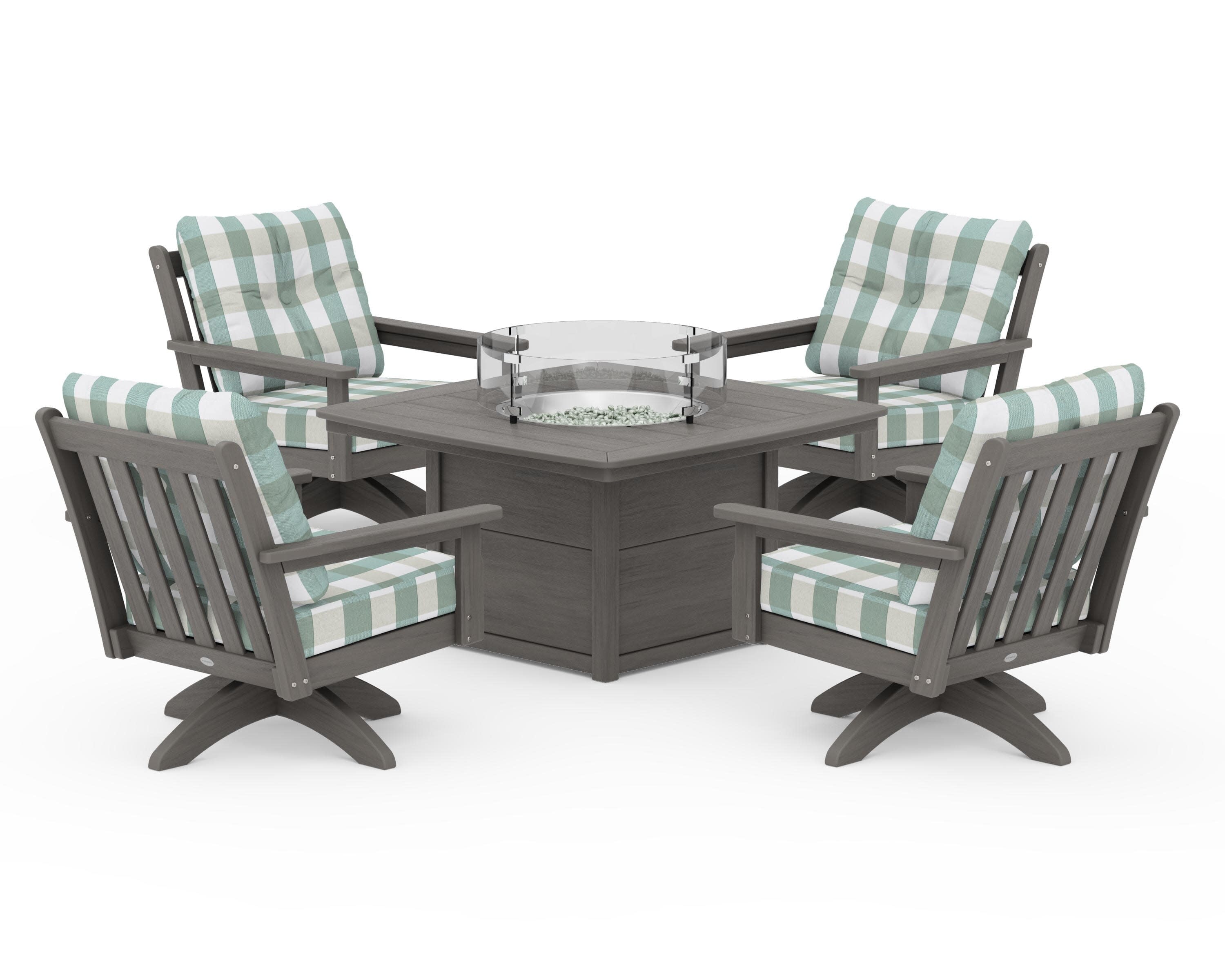 Vineyard 5-Piece Deep Seating Swivel Conversation Set with Fire Pit Table in Driftwood / Buffalo Plaid Glacier Spa