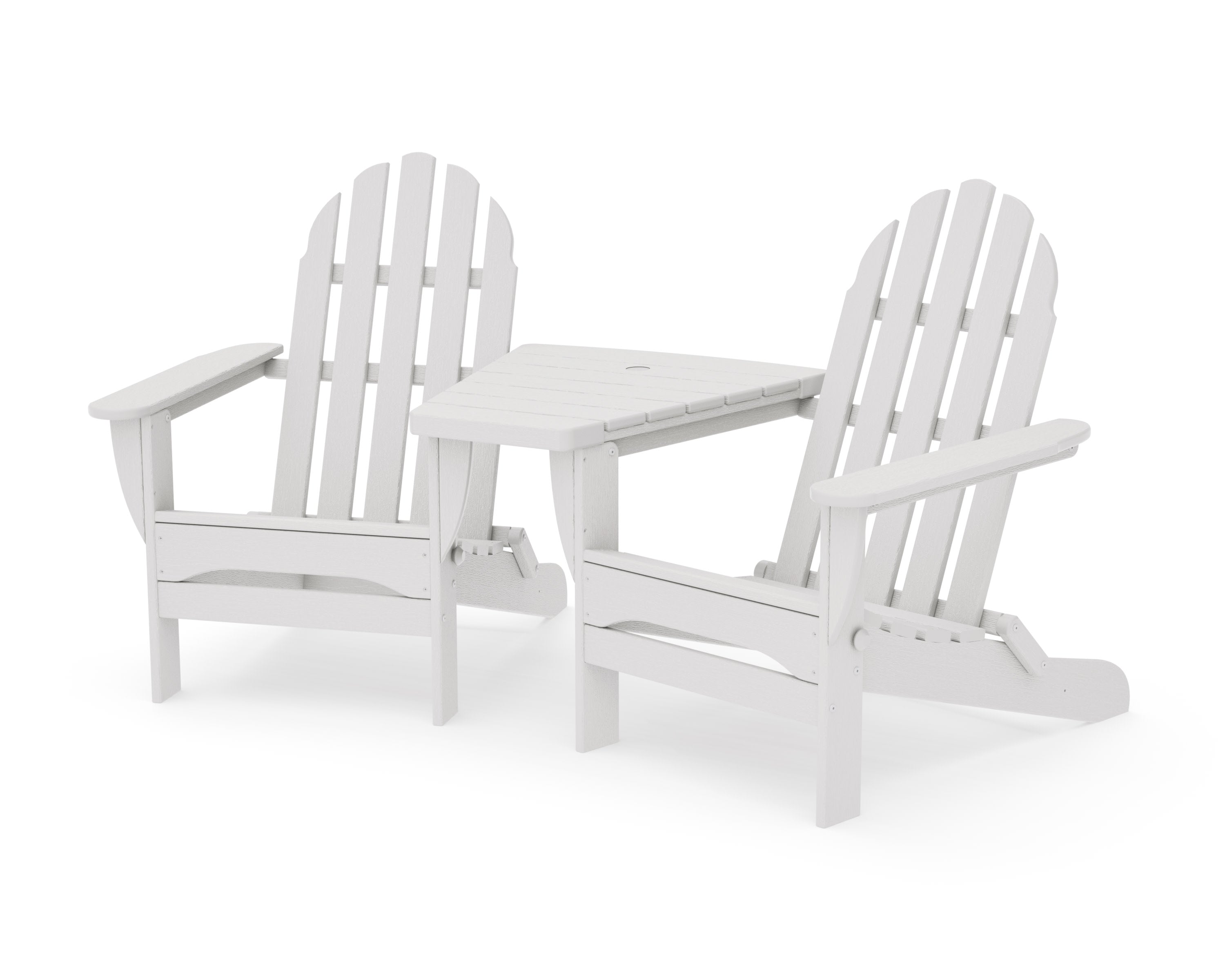 Classic Folding Adirondacks with Angled Connecting Table in Vintage White