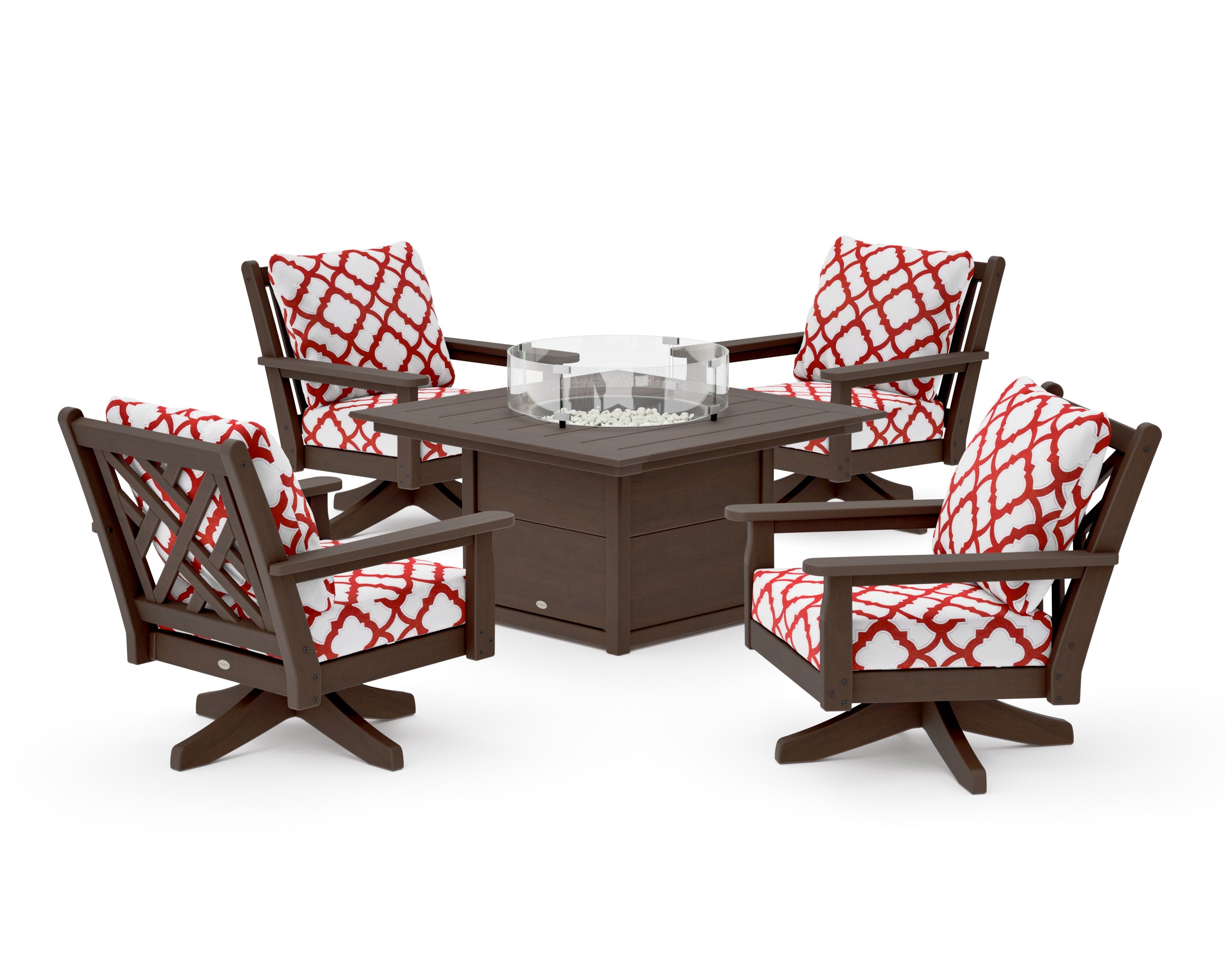 Chippendale 5-Piece Deep Seating Swivel Conversation Set with Fire Pit Table in Kona / Trellis Crimson