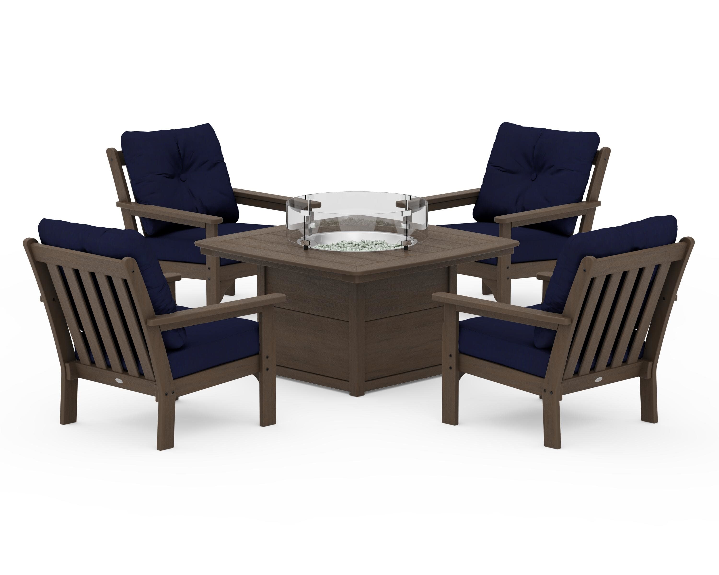 Vineyard 5-Piece Conversation Set with Fire Pit Table in Kona / Navy