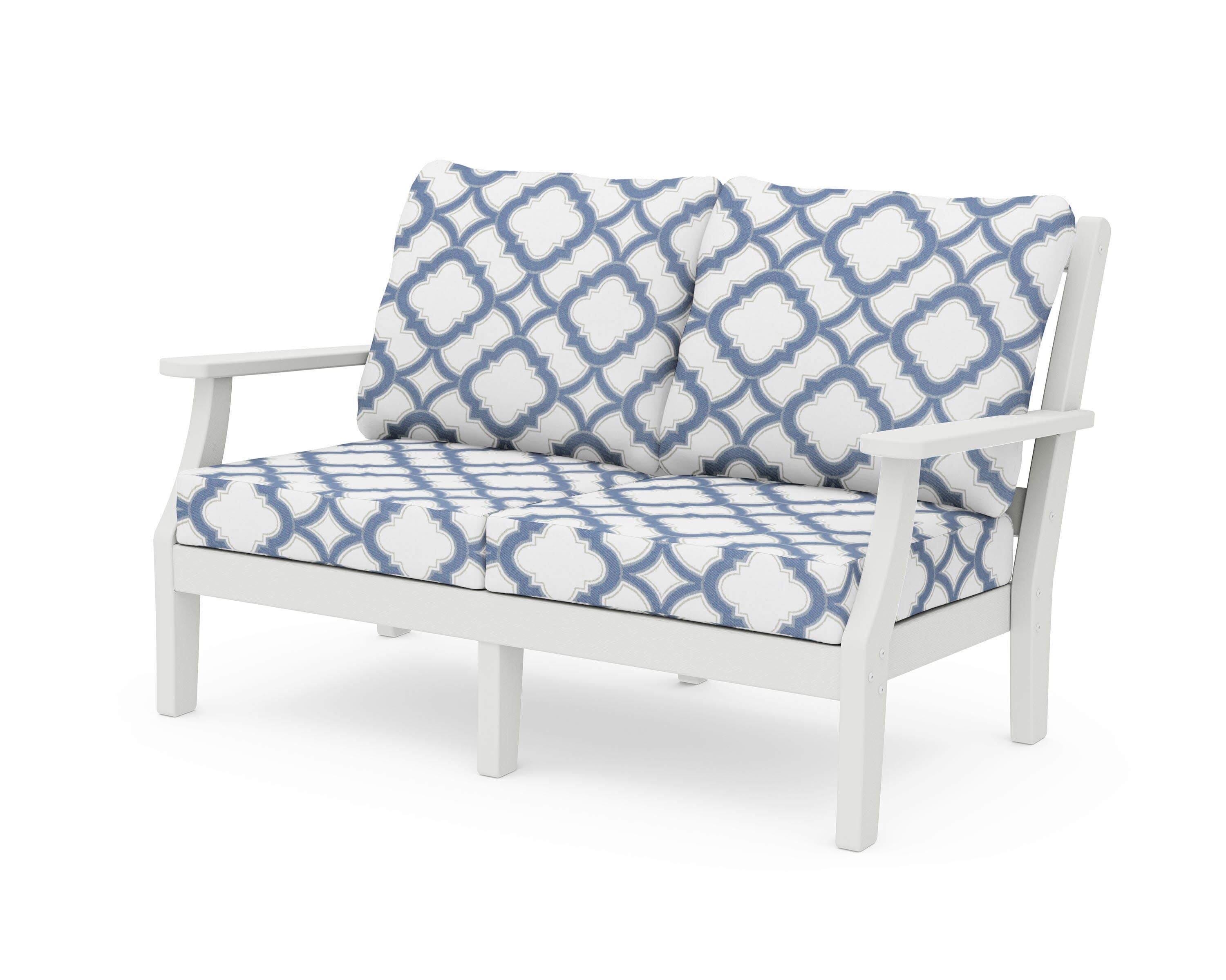 Chinoiserie Deep Seating Loveseat in Vintage White / Trellis Sky Blue