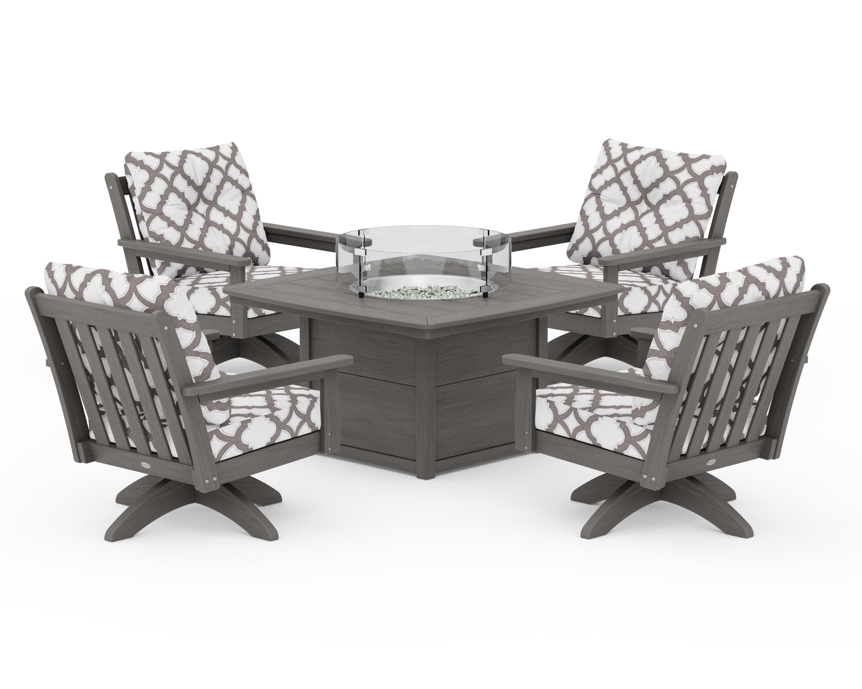 Vineyard 5-Piece Deep Seating Swivel Conversation Set with Fire Pit Table in Driftwood / Trellis Grey Mist