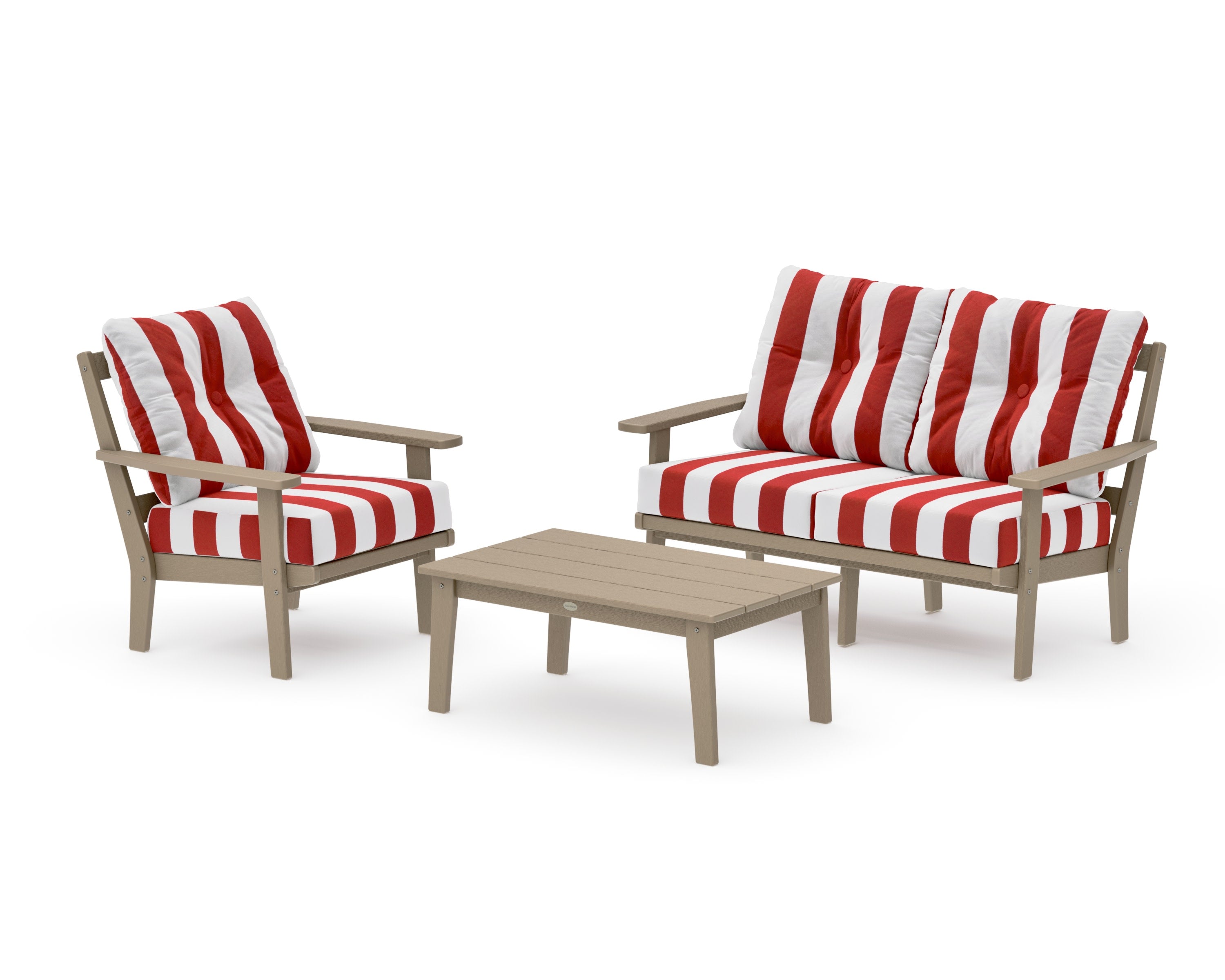 Prairie 3-Piece Deep Seating Set with Loveseat in Vintage Sahara / Cabana Stripe Crimson