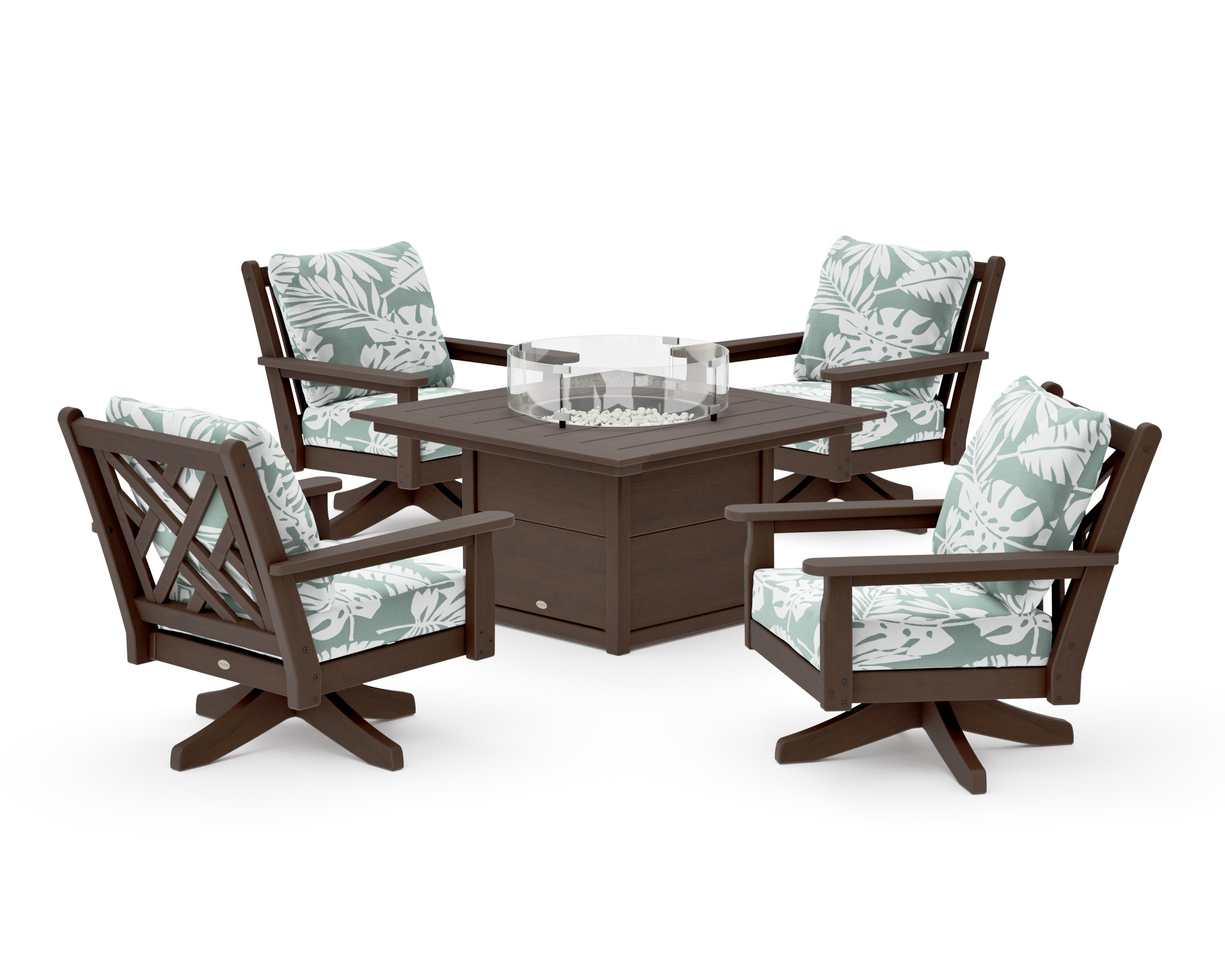 Chippendale 5-Piece Deep Seating Swivel Conversation Set with Fire Pit Table in Kona / Leaf Glacier Spa