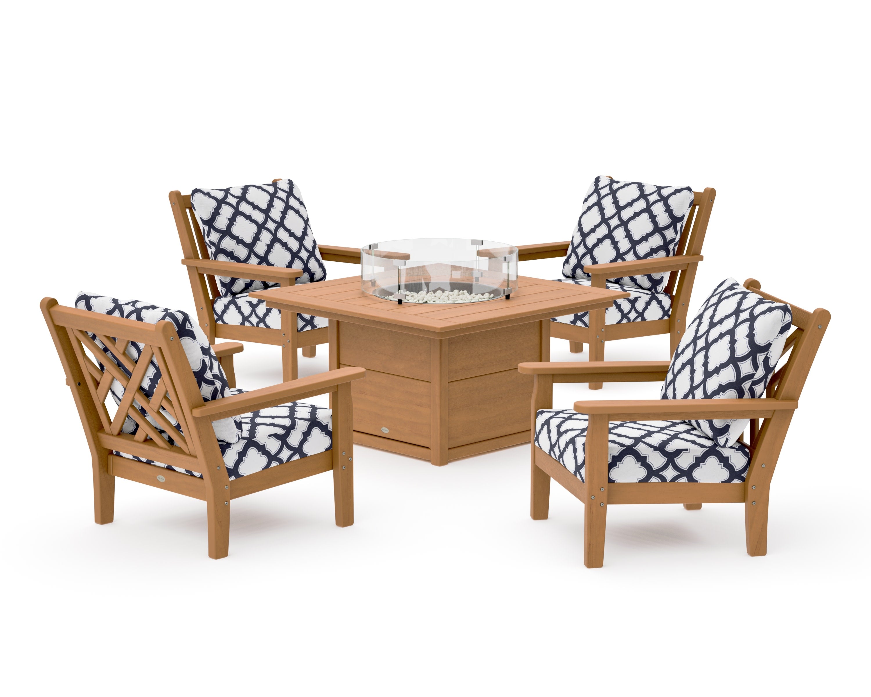 Chippendale 5-Piece Deep Seating Set with Fire Pit Table in Natural / Trellis Navy