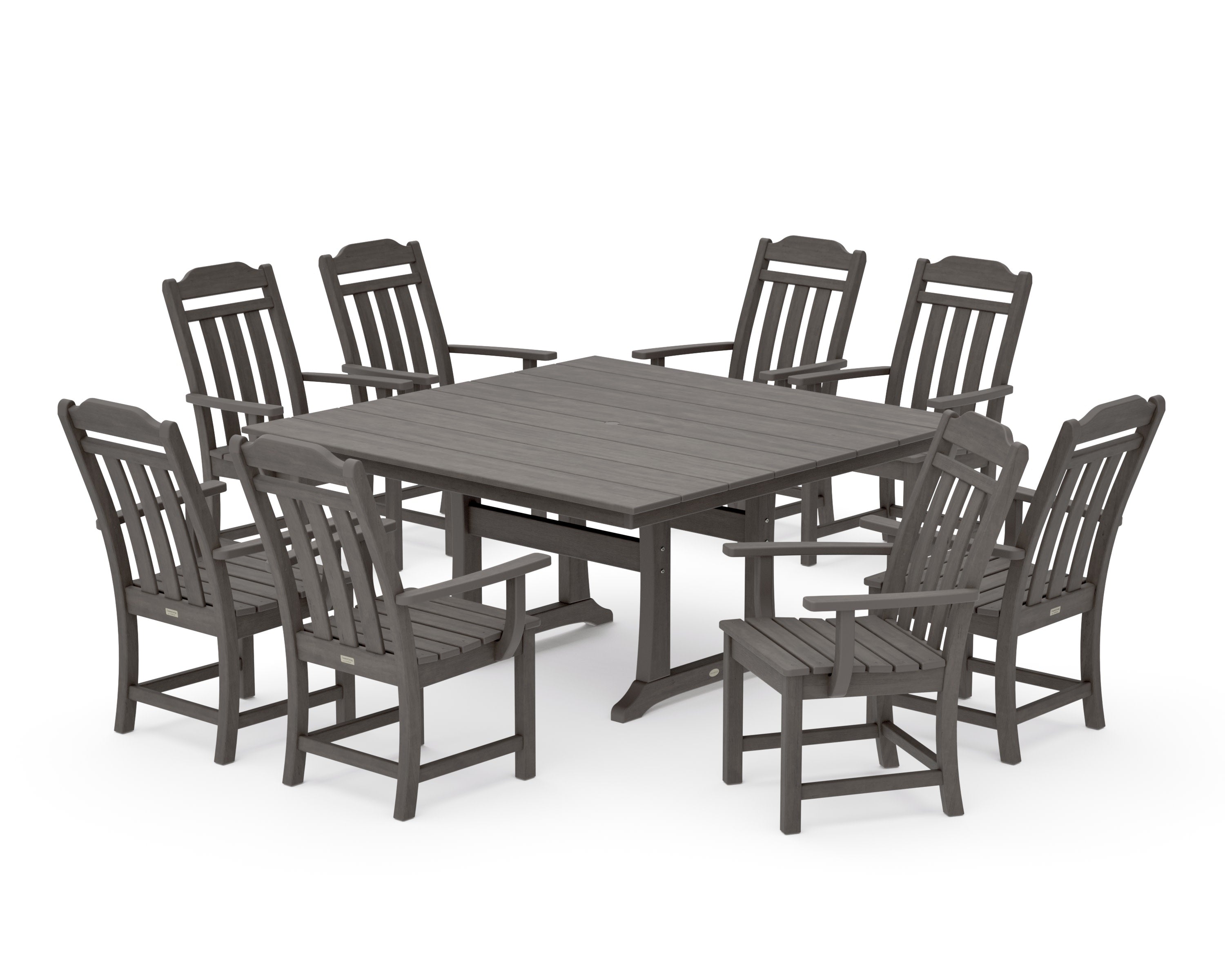 Cottage 9-Piece Square Farmhouse Dining Set with Trestle Legs in Driftwood