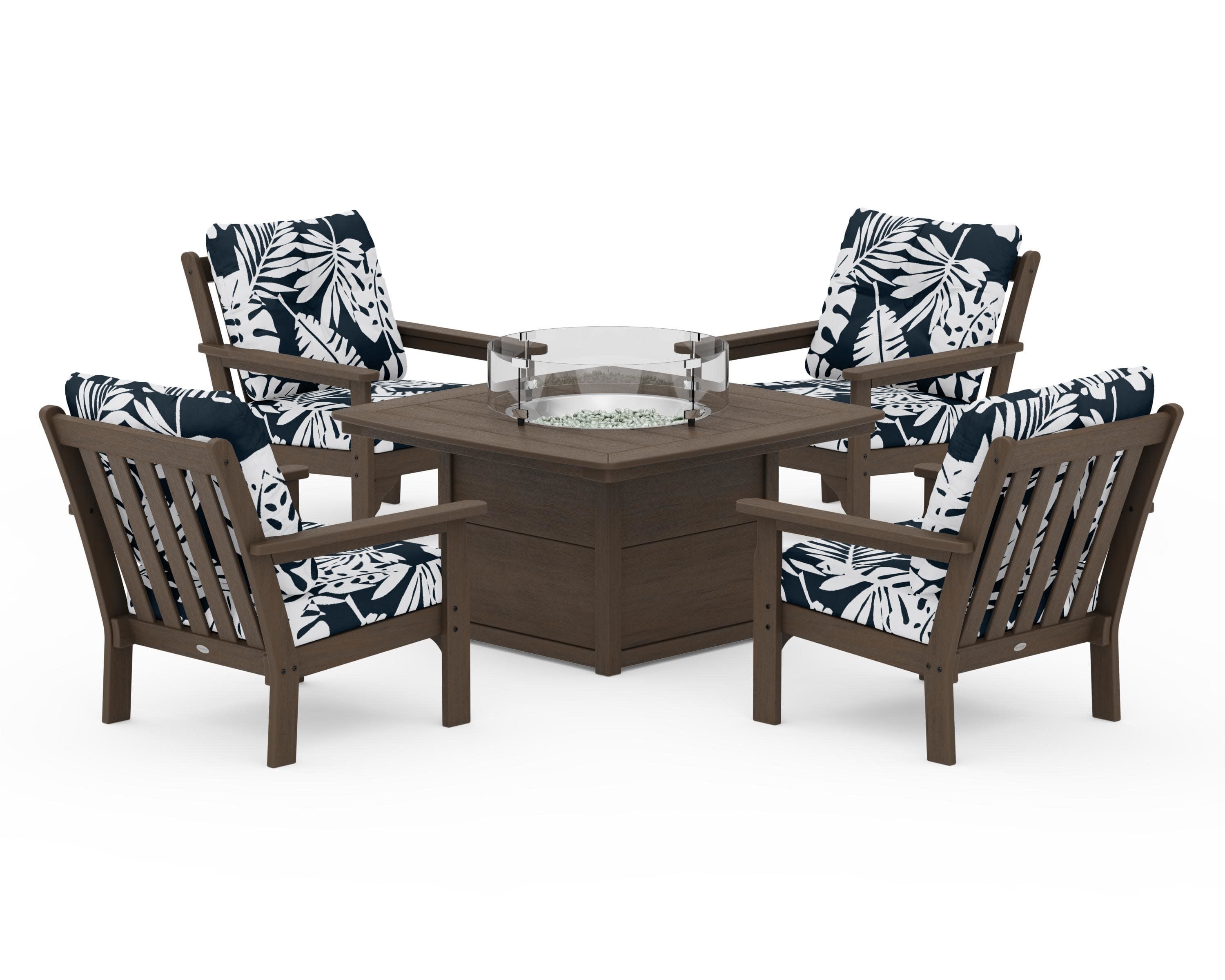 Vineyard 5-Piece Conversation Set with Fire Pit Table in Kona / Leaf Marine Indigo