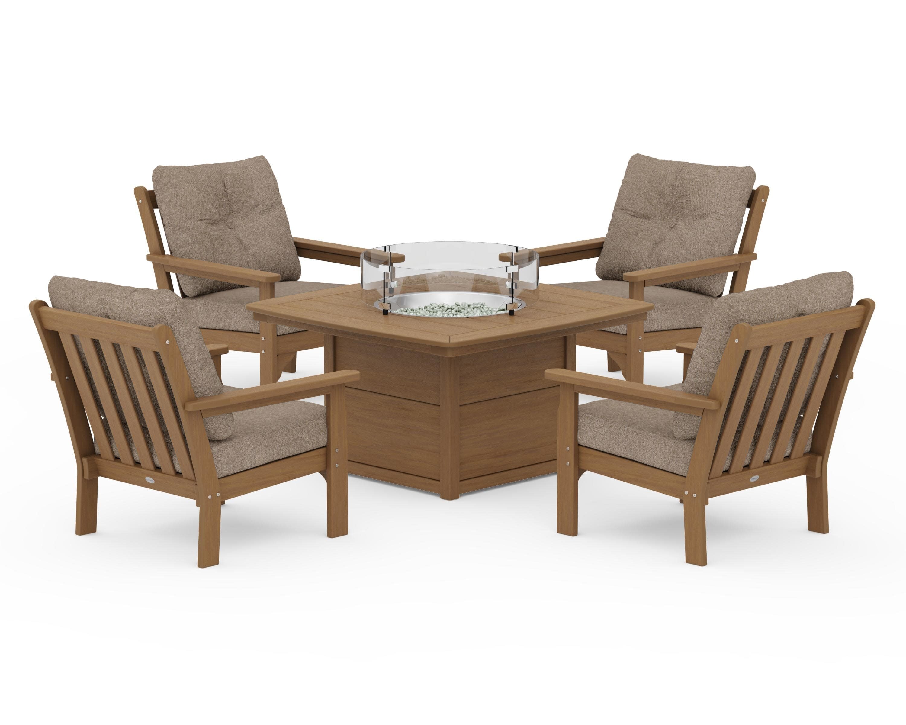 Vineyard 5-Piece Conversation Set with Fire Pit Table in Natural / Spiced Burlap