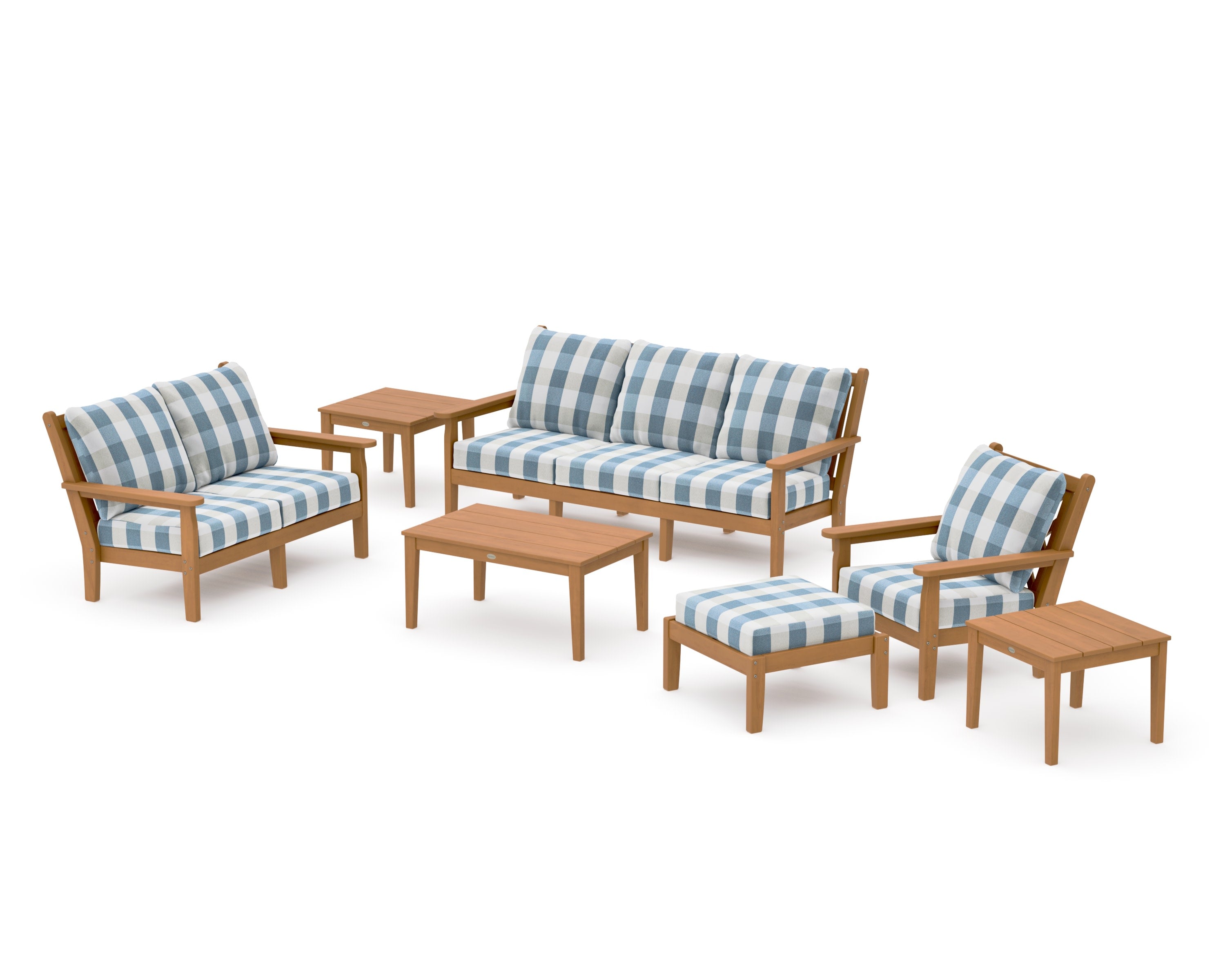 Chippendale 7-Piece Deep Seating Set in Natural / Buffalo Plaid Sky Blue