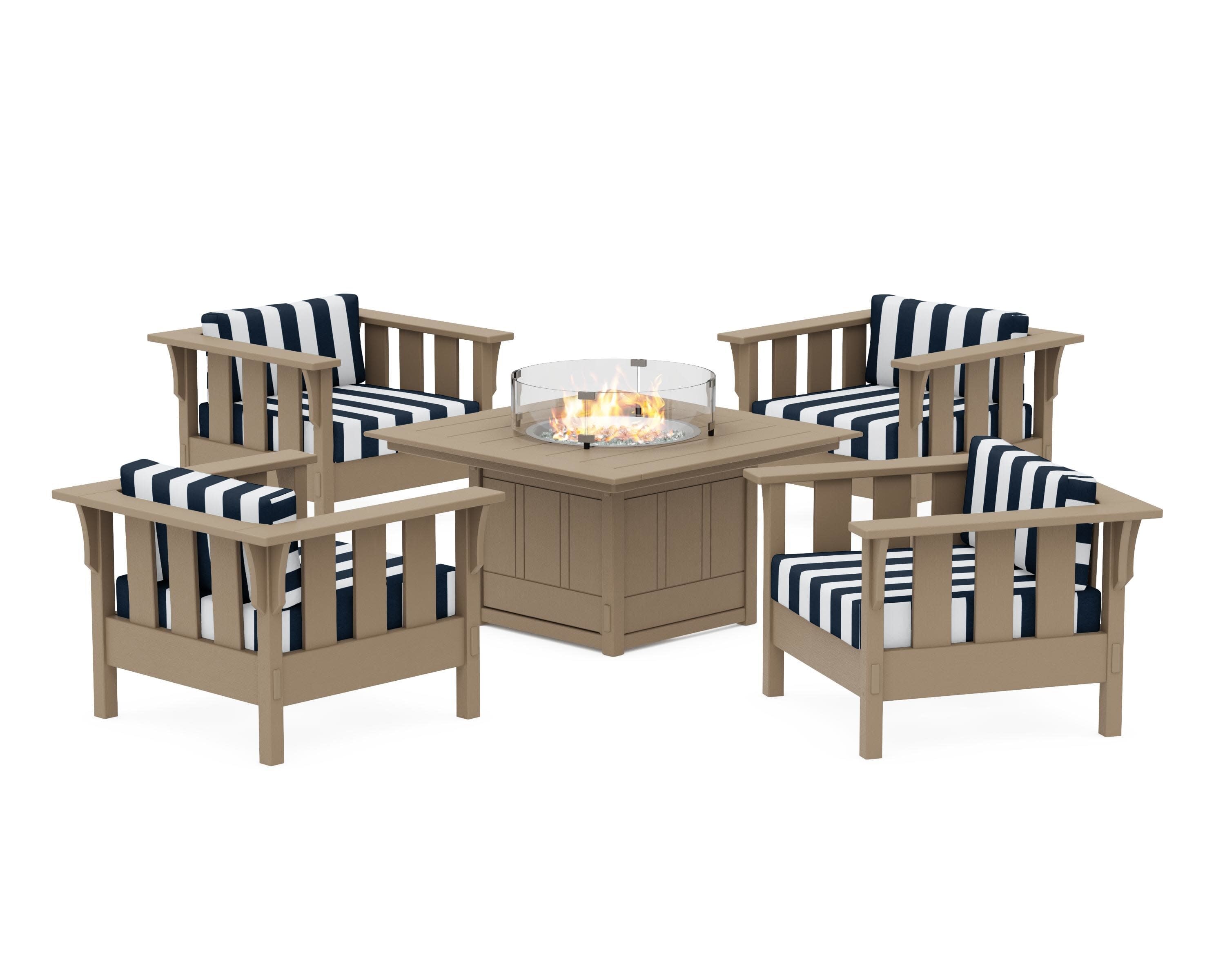 Acadia 5-Piece Deep Seating Set with Fire Pit Table in Vintage Sahara / Cabana Stripe Marine Indigo