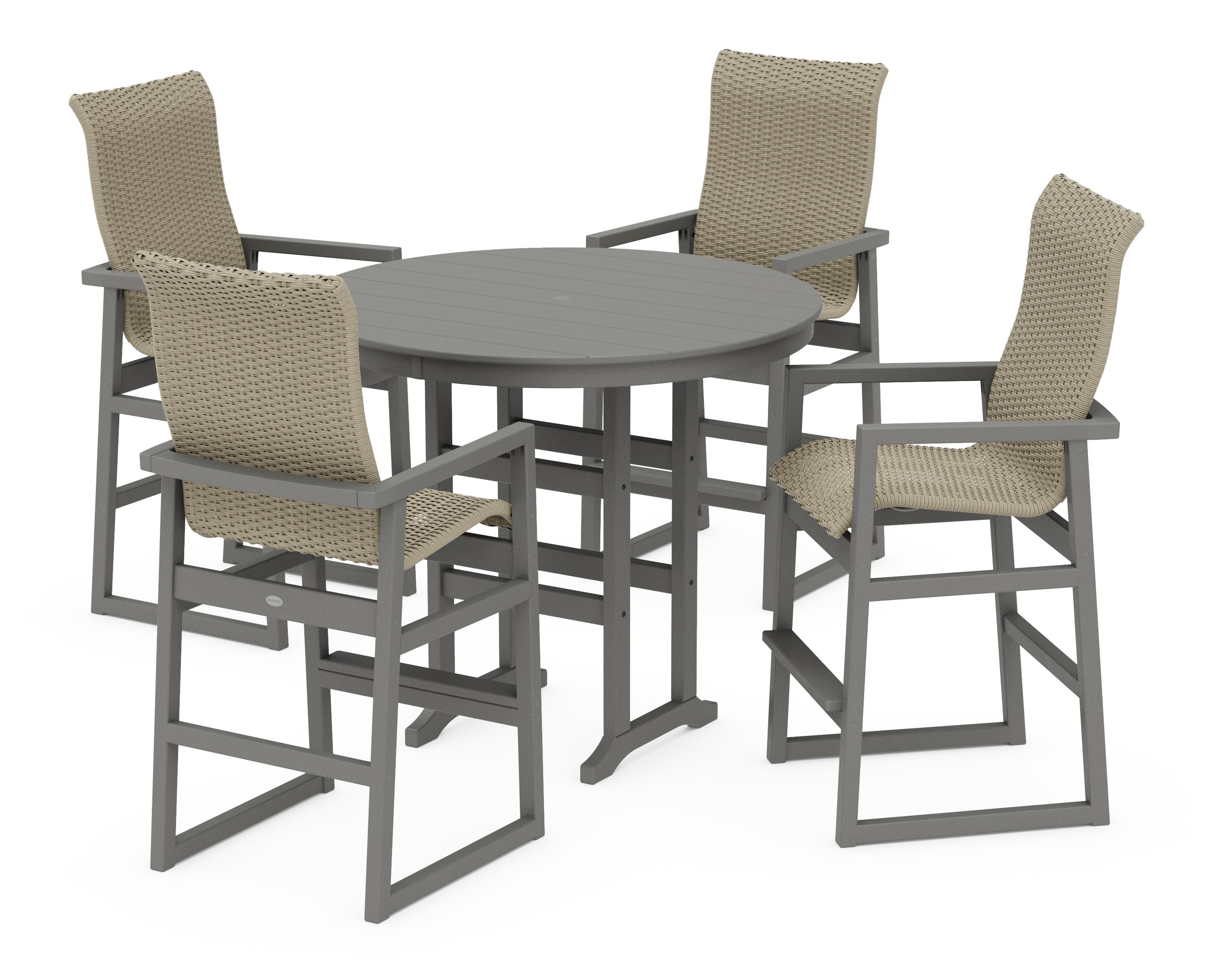 EDGE Woven Highback 5-Piece Round Farmhouse Bar Set in Slate Grey / Dune Grass