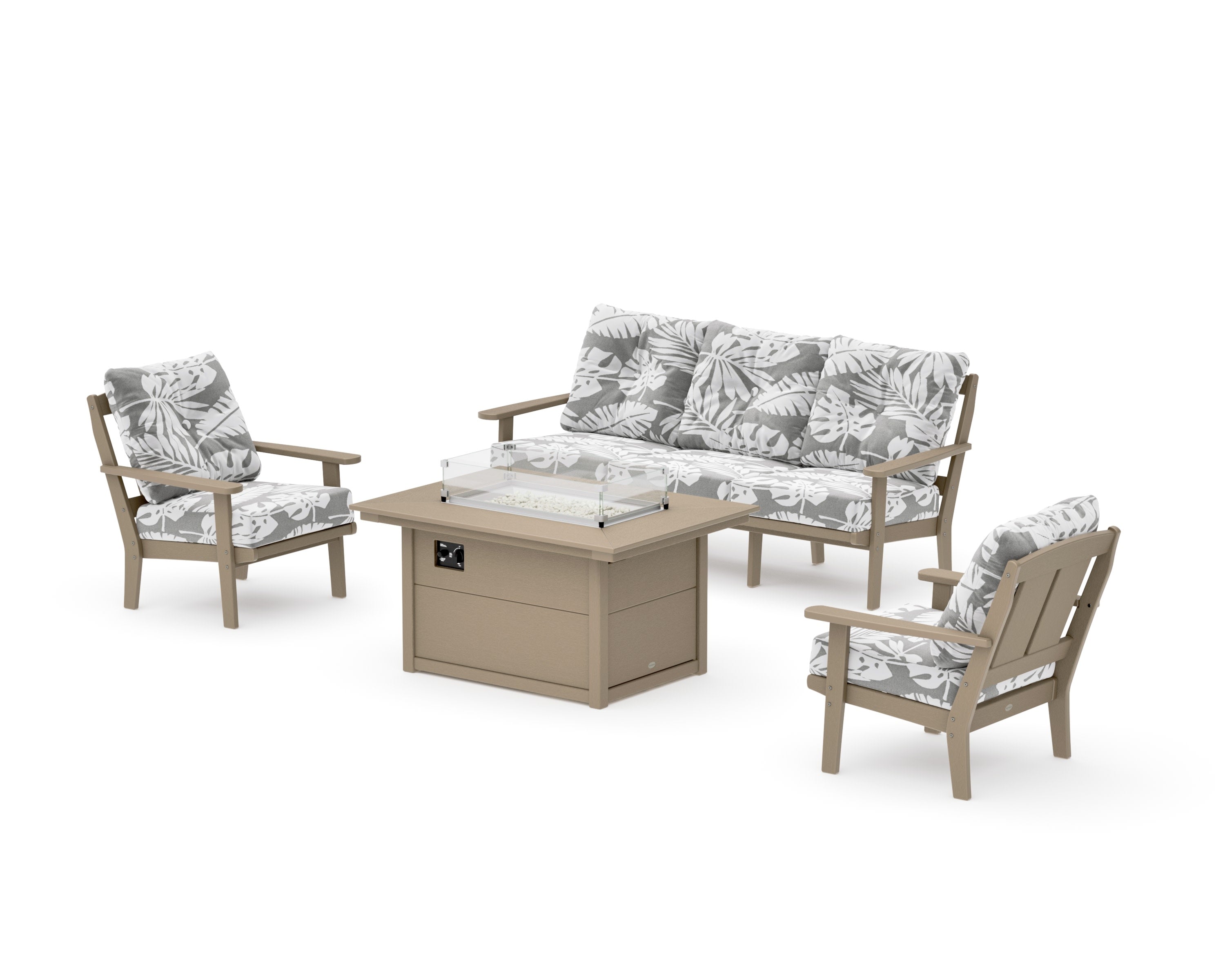 Mission Deep Seating Fire Pit Table Set in Vintage Sahara / Leaf Grey Mist
