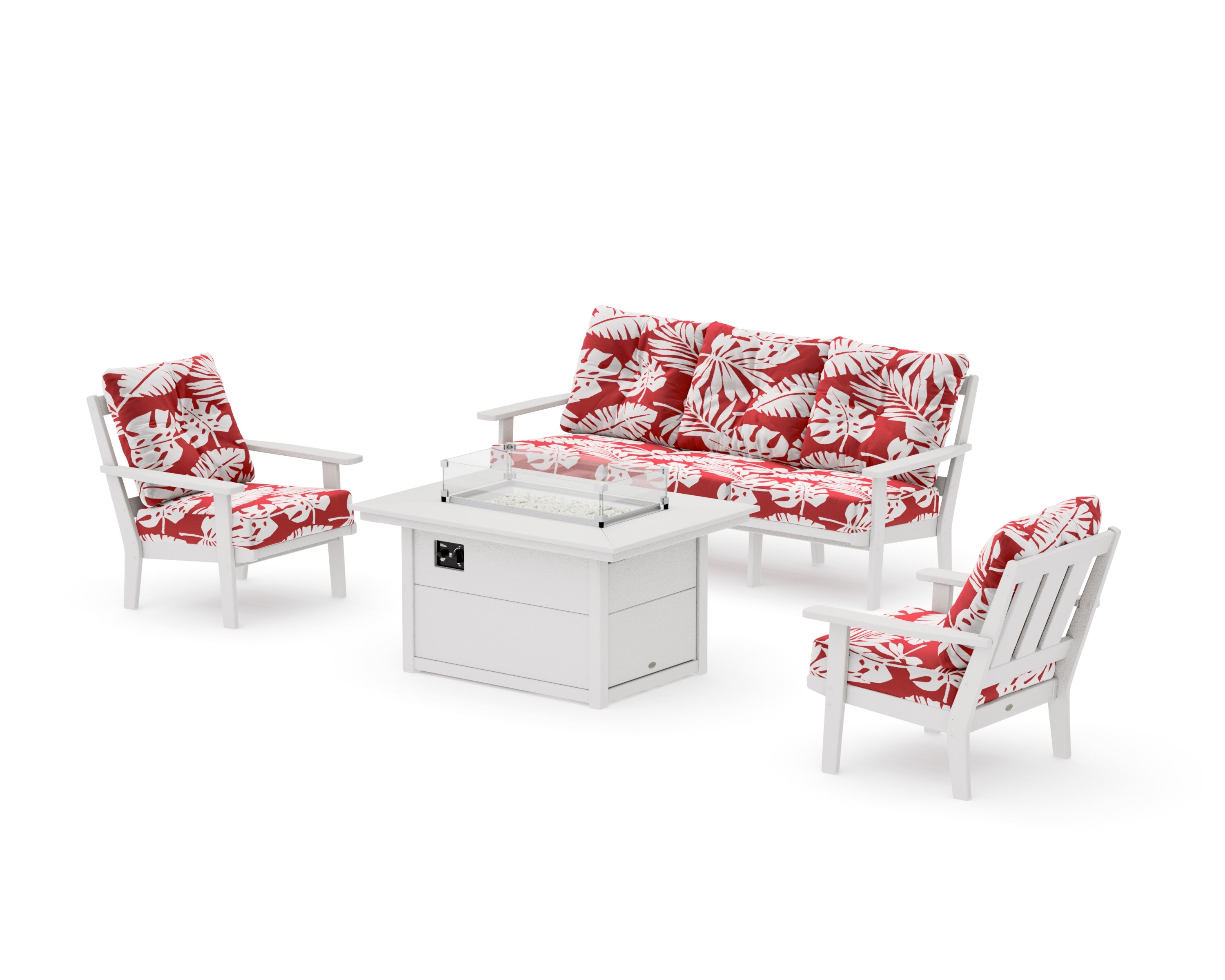 Oxford Deep Seating Fire Pit Table Set in Vintage White / Leaf Crimson