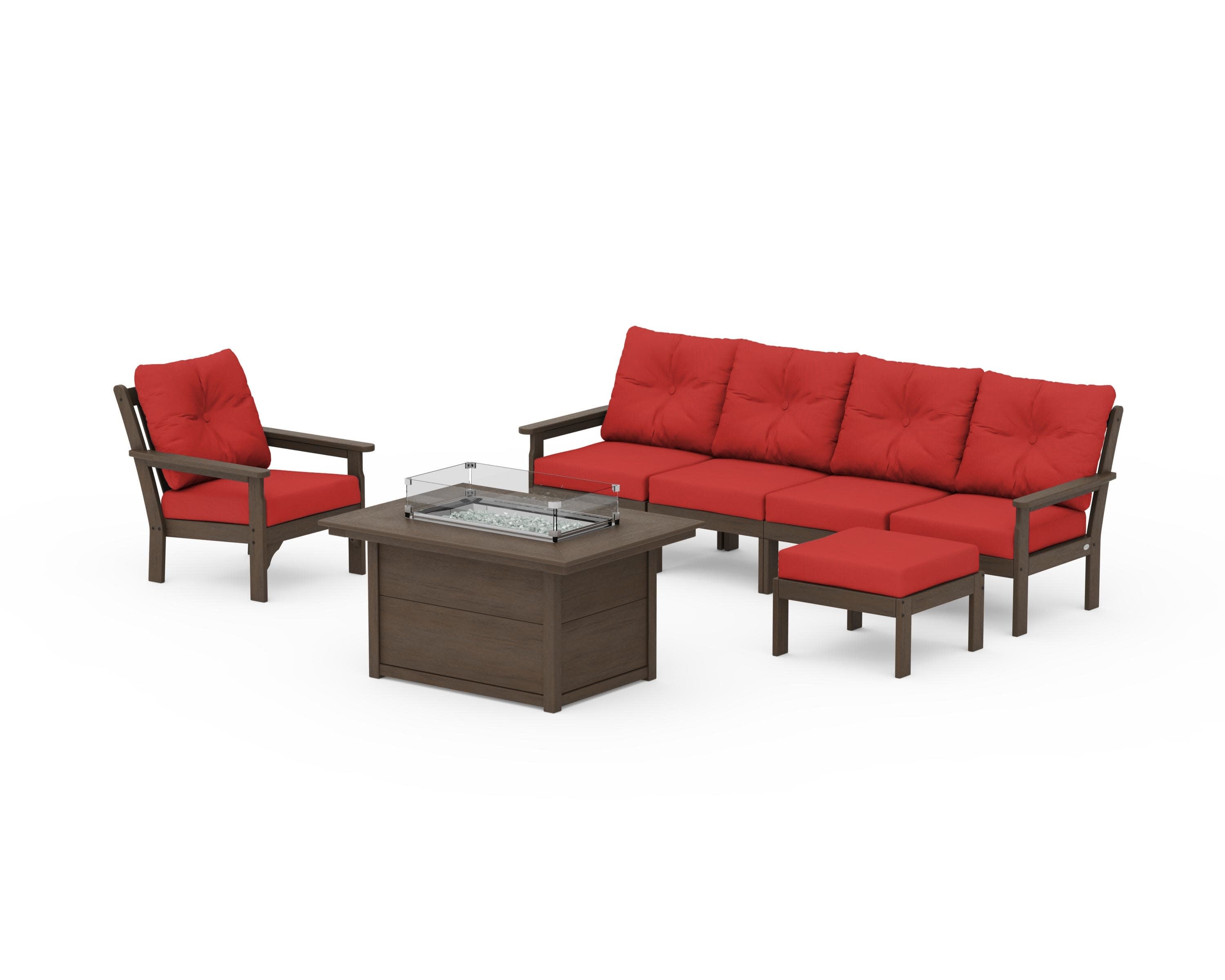 Vineyard Sectional Lounge and Fire Pit Set in Kona / Crimson Linen