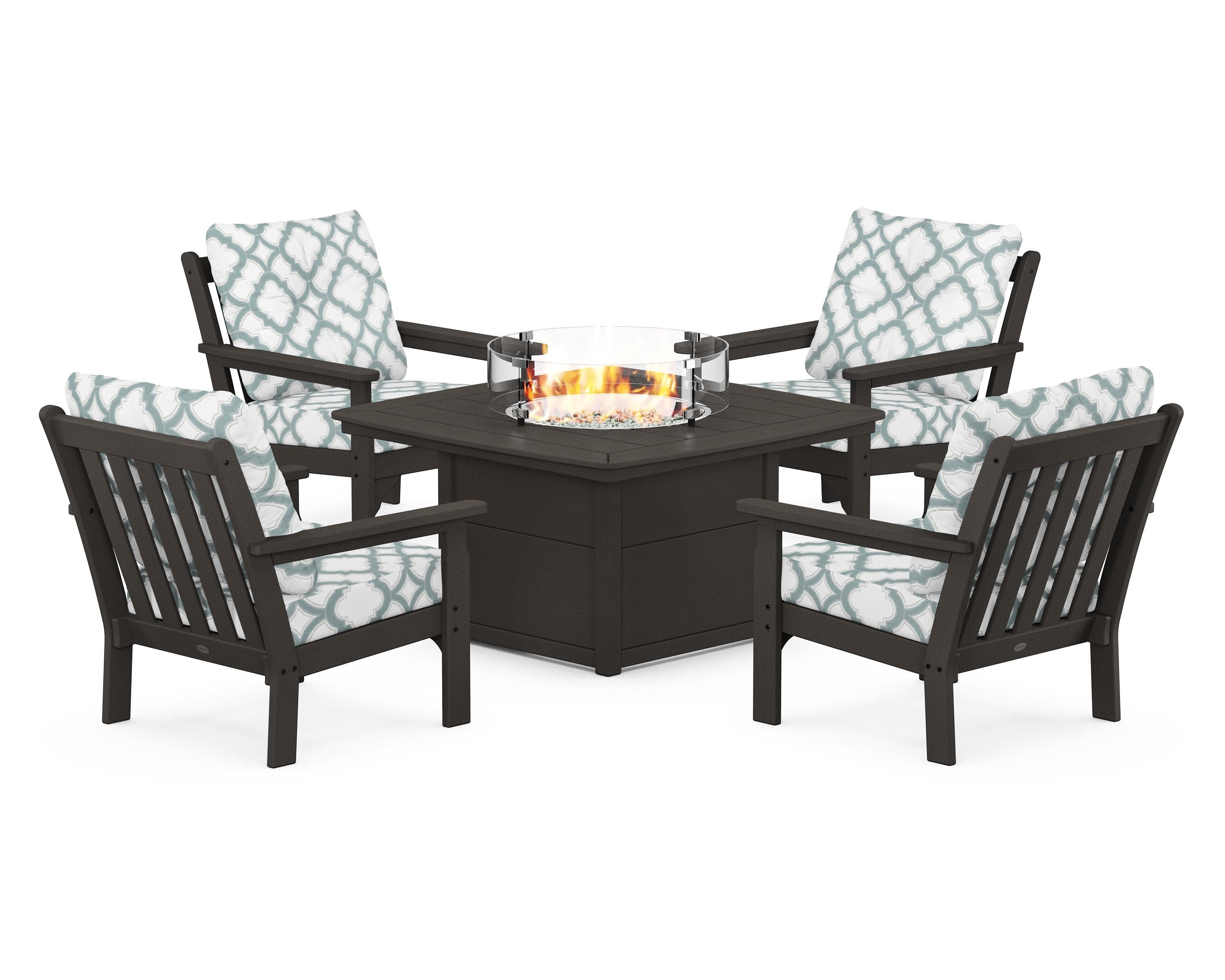 Vineyard 5-Piece Conversation Set with Fire Pit Table in Vintage Coffee / Trellis Glacier Spa