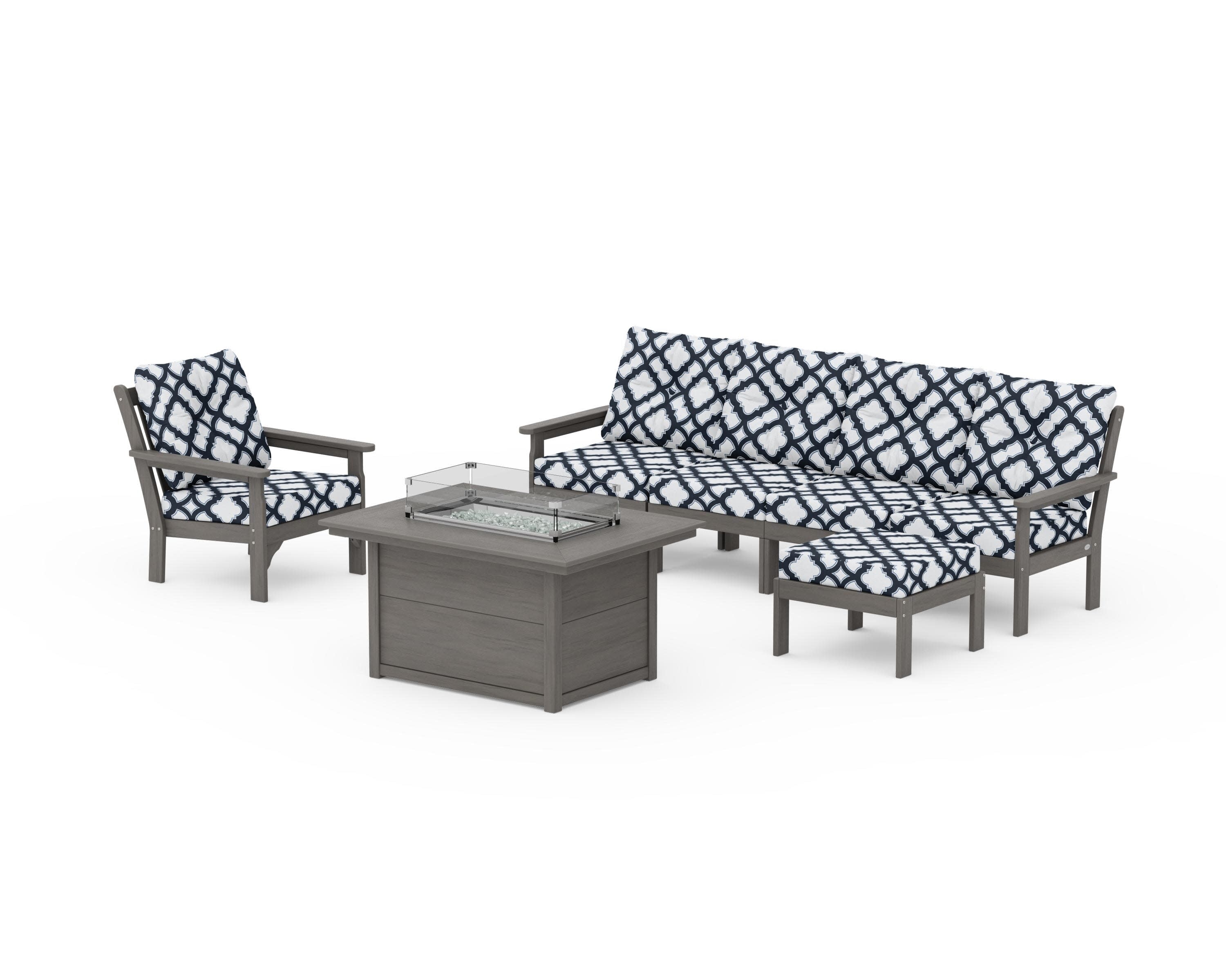 Vineyard Sectional Lounge and Fire Pit Set in Driftwood / Trellis Marine Indigo