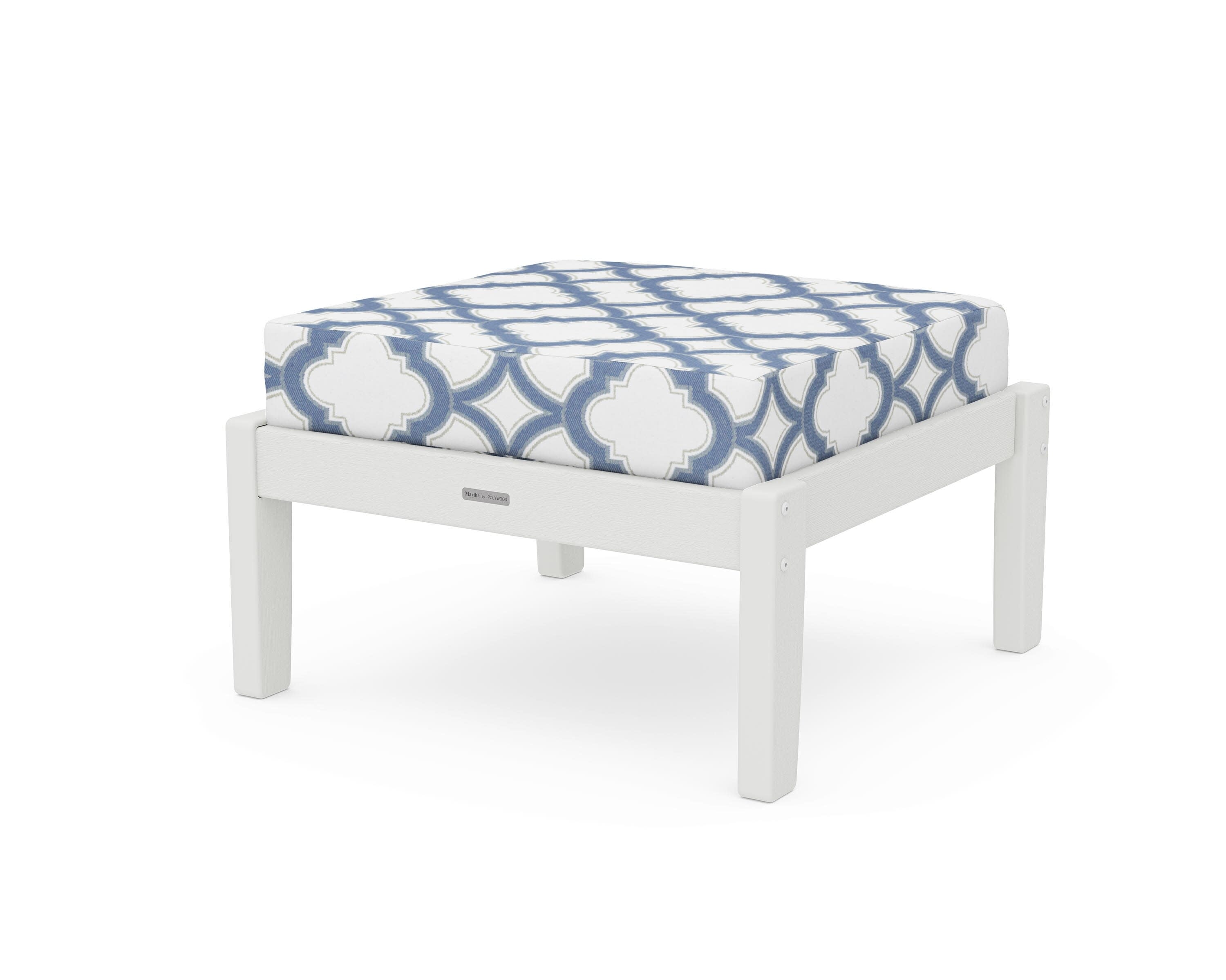 Chinoiserie Deep Seating Ottoman in Vintage White / Trellis Sky Blue