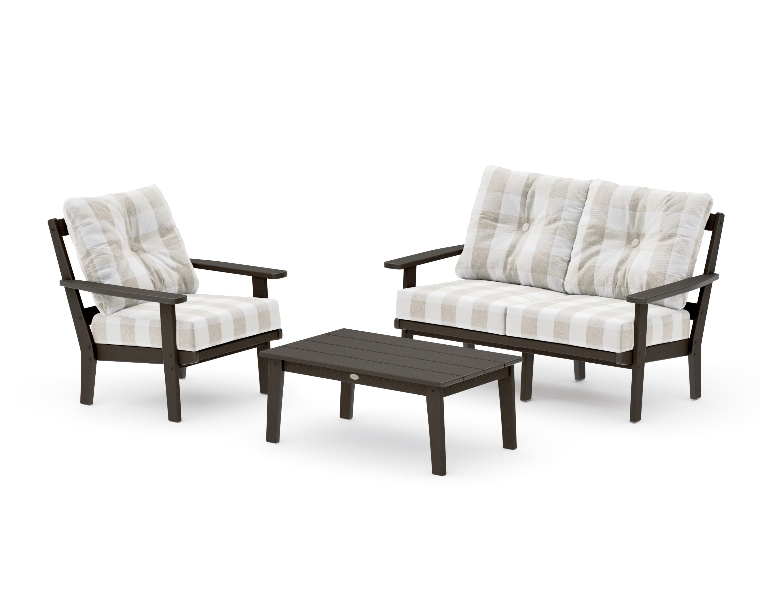 Prairie 3-Piece Deep Seating Set with Loveseat in Vintage Coffee / Buffalo Plaid Dune Burlap