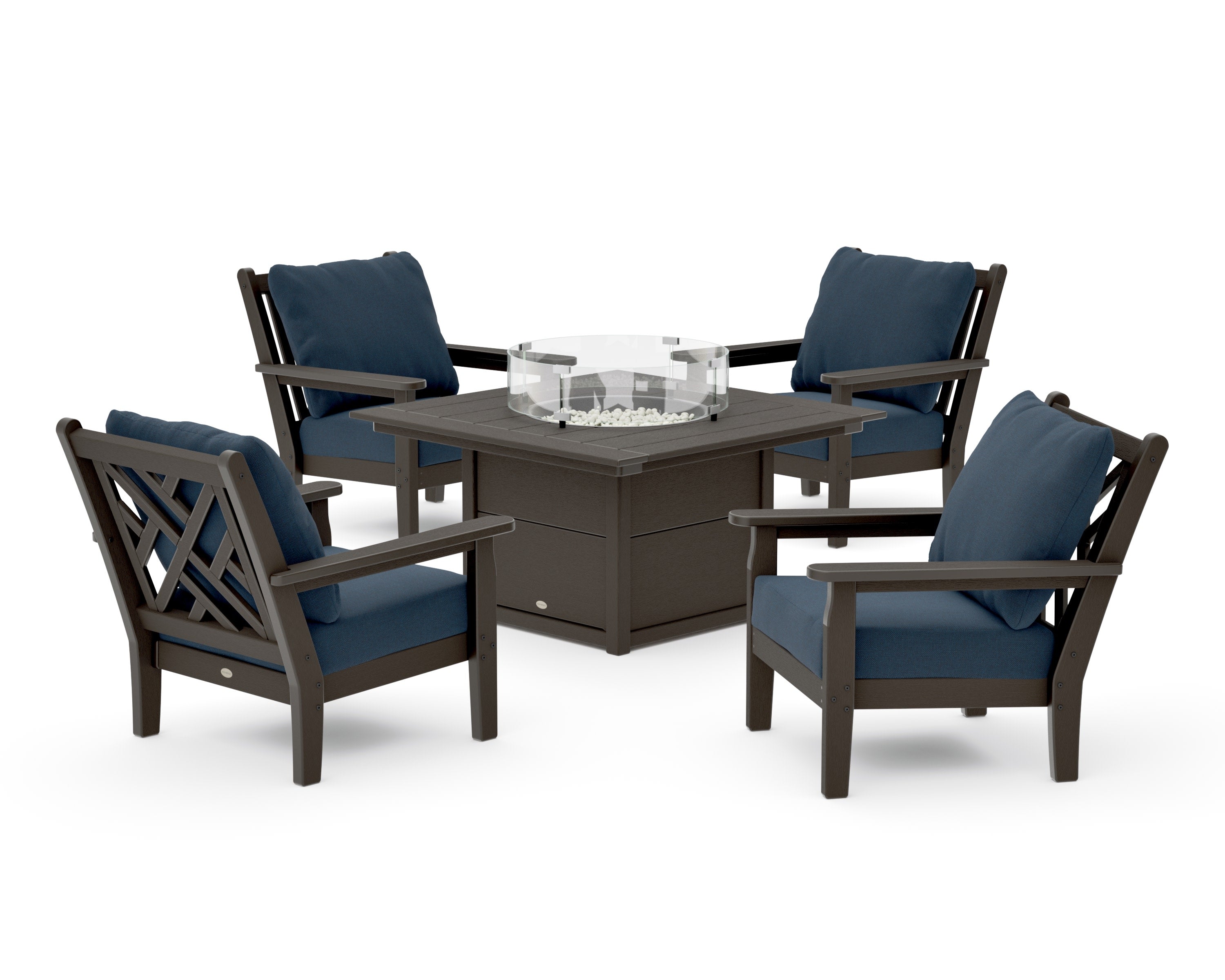 Chippendale 5-Piece Deep Seating Set with Fire Pit Table in Vintage Coffee / Marine Indigo