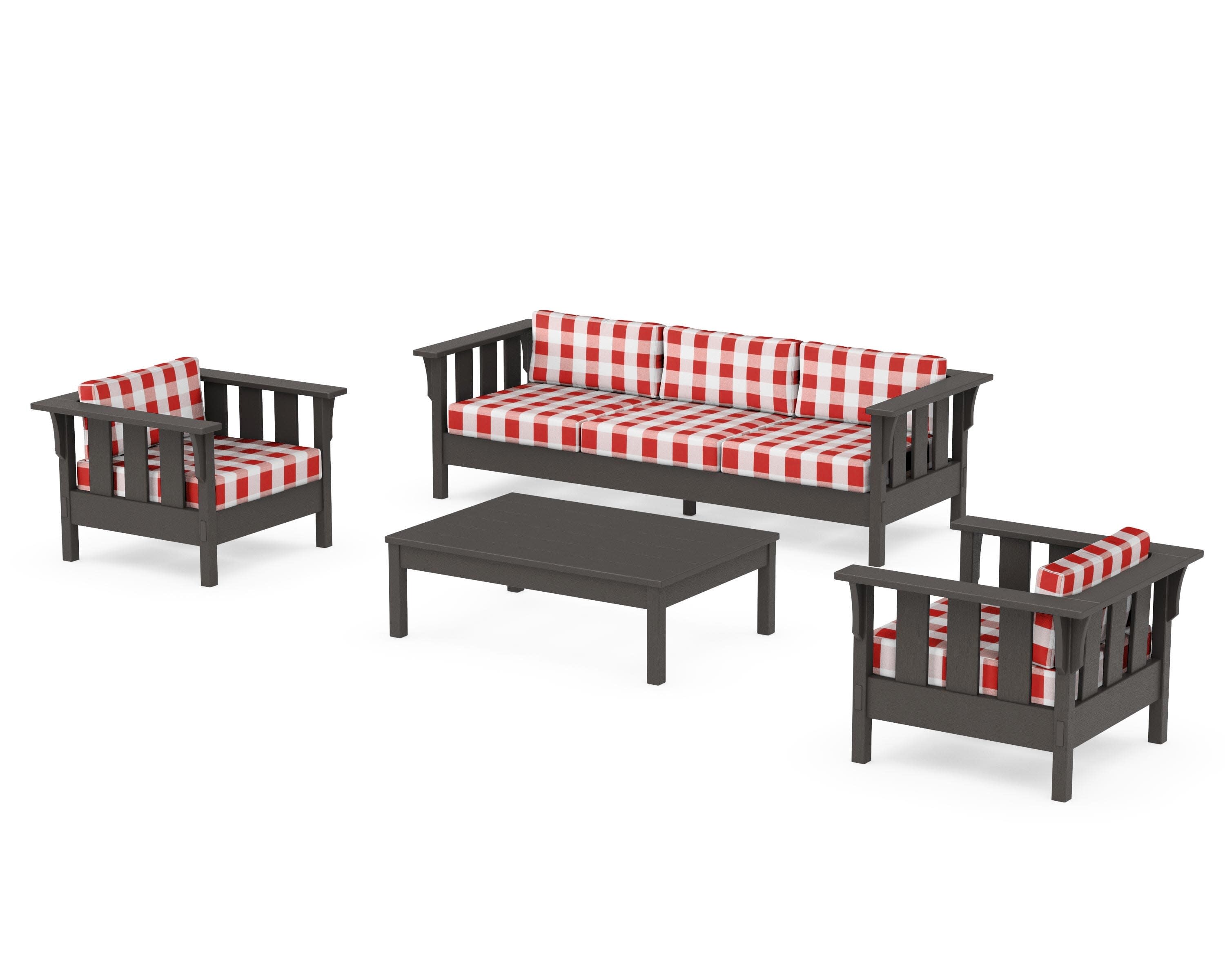 Acadia 4-Piece Deep Seating Set with Sofa in Vintage Coffee / Buffalo Plaid Crimson