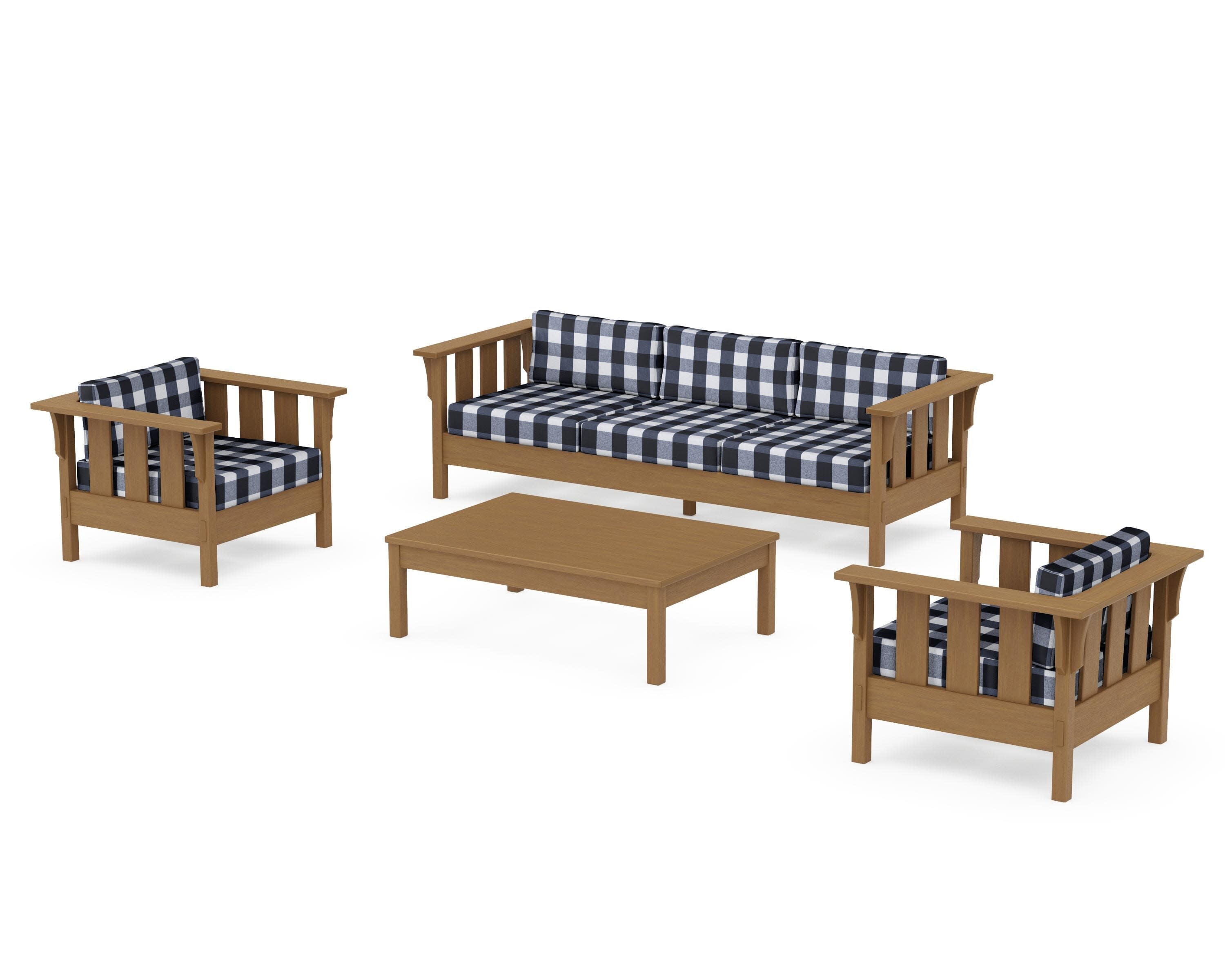 Acadia 4-Piece Deep Seating Set with Sofa in Natural / Buffalo Plaid Marine Indigo