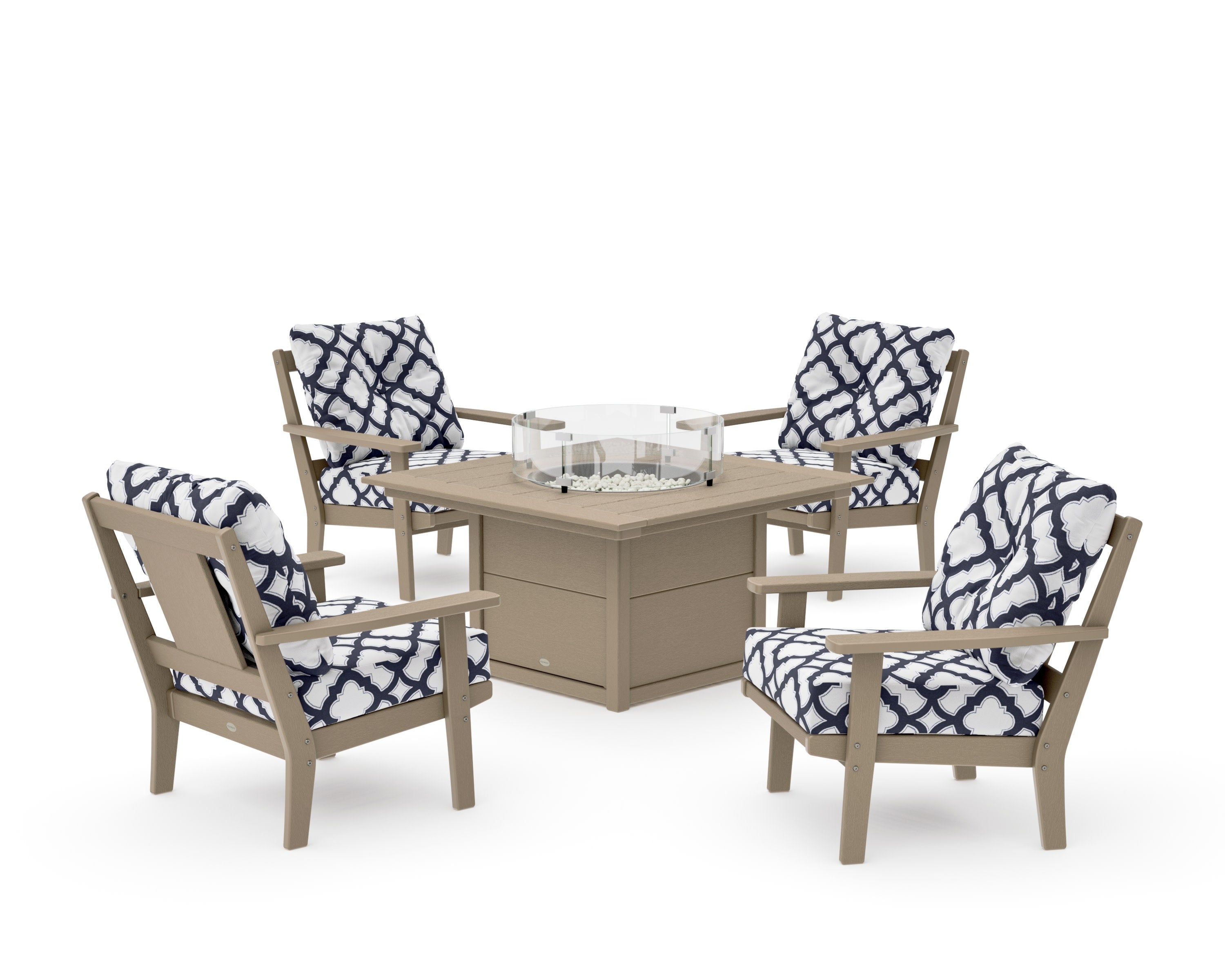 Prairie 5-Piece Deep Seating Set with Fire Pit Table in Vintage Sahara / Trellis Navy