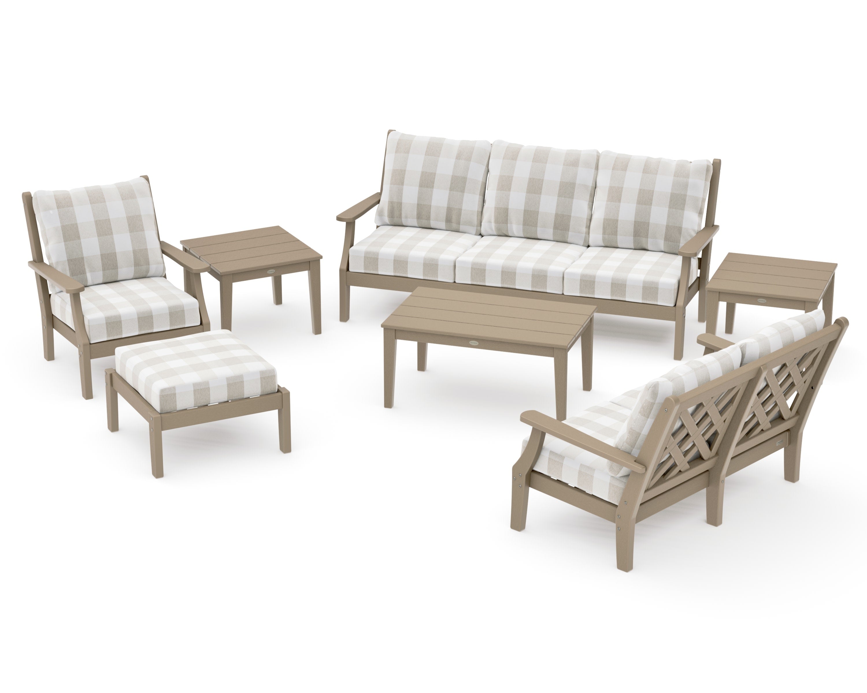 Wovendale 7-Piece Deep Seating Set in Vintage Sahara / Buffalo Plaid Dune Burlap