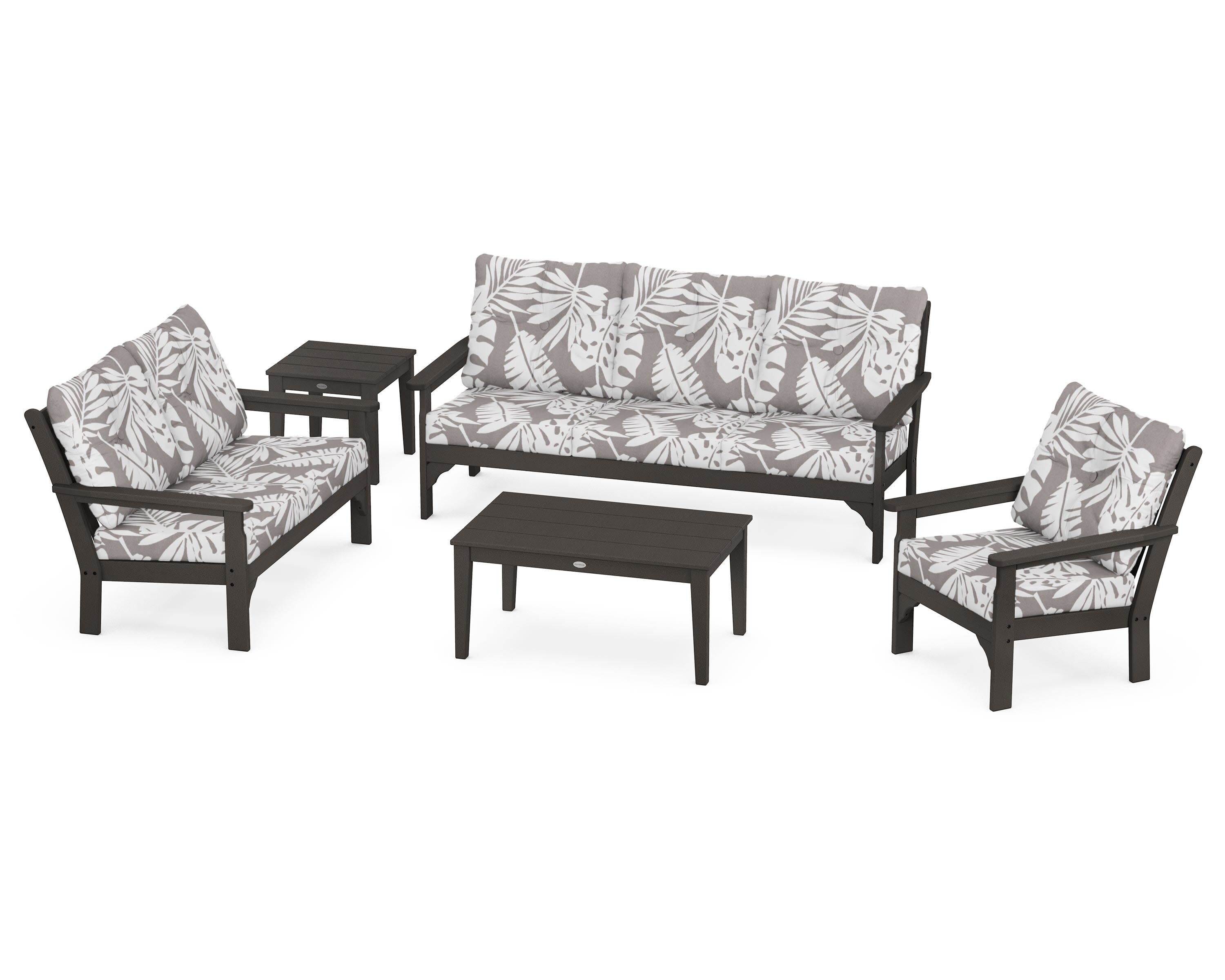 Vineyard 5 Piece Deep Seating Set in Vintage Coffee / Leaf Grey Mist