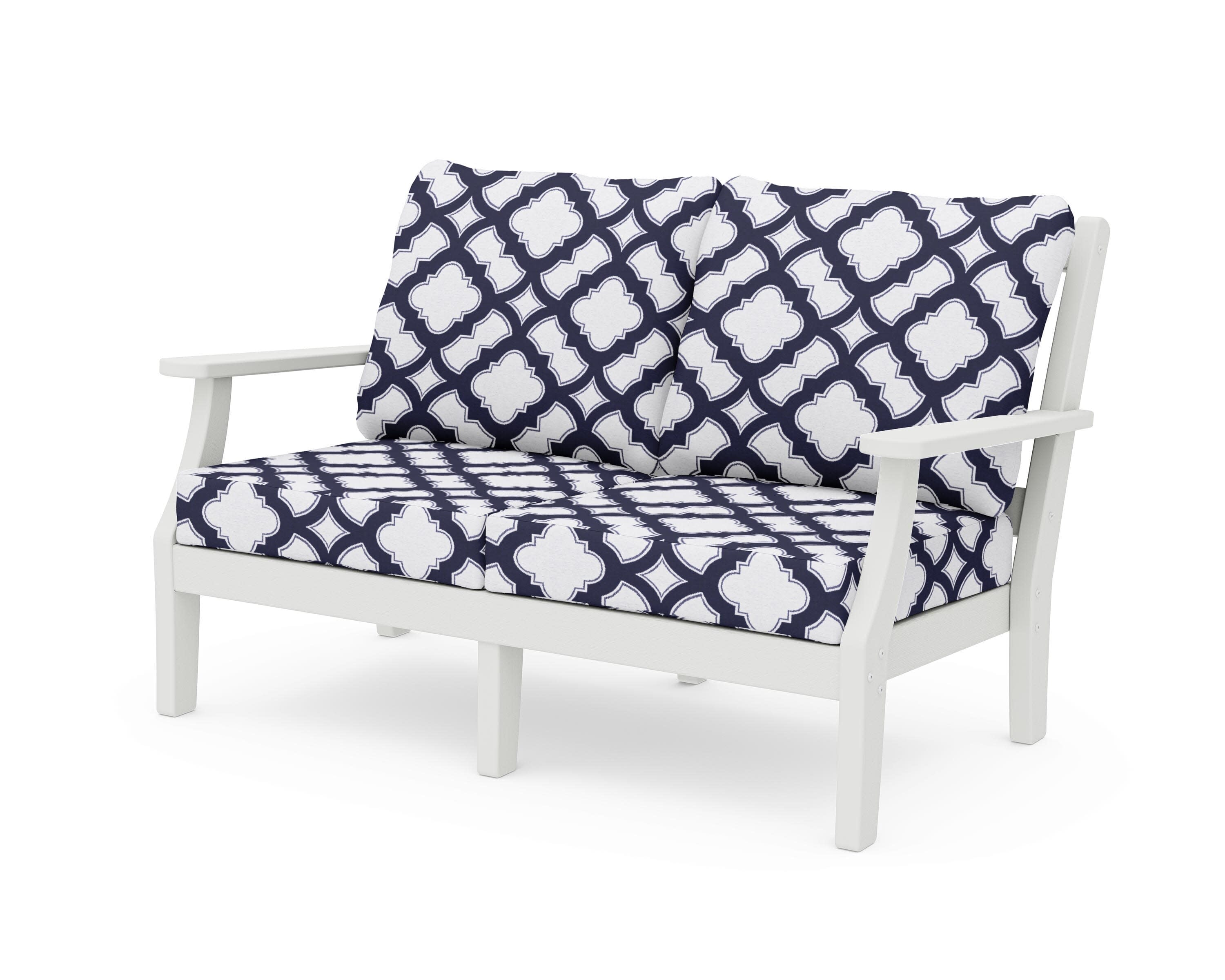 Chinoiserie Deep Seating Loveseat in Vintage White / Trellis Navy