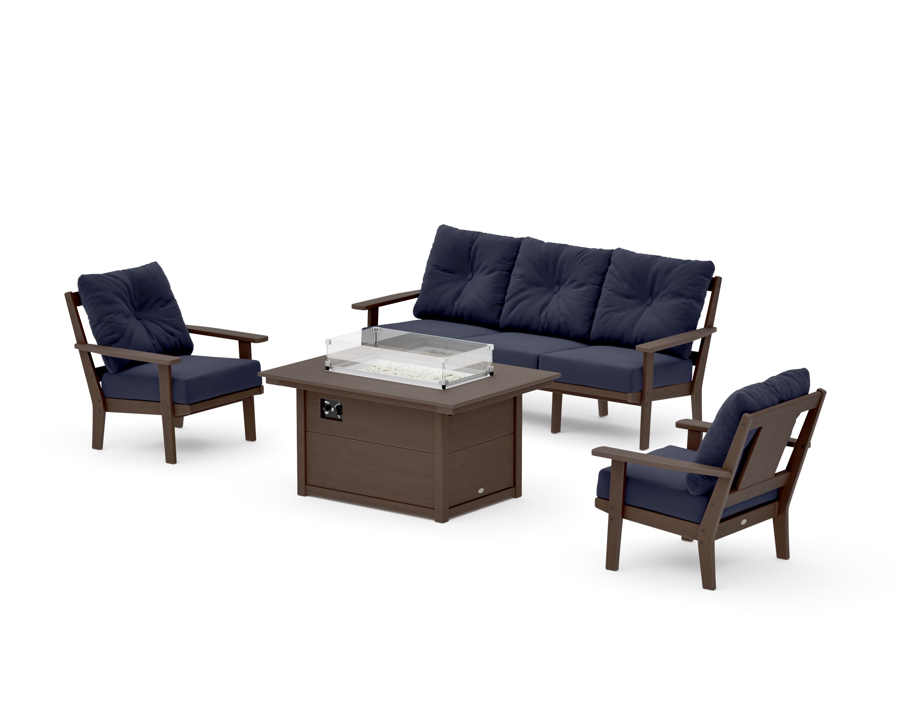 Prairie Deep Seating Fire Pit Table Set in Kona / Navy Linen
