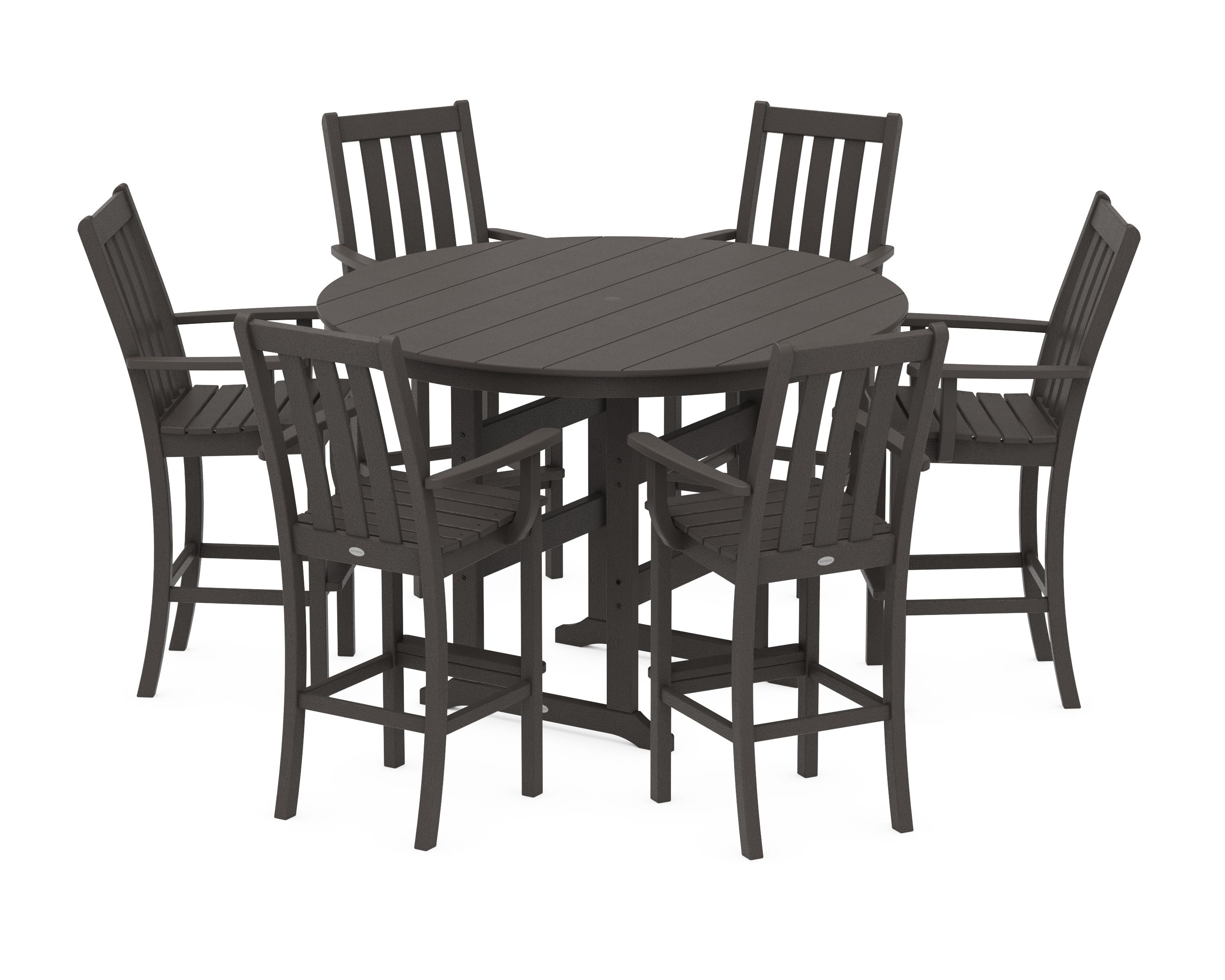 Vineyard 7-Piece Arm Chair Round Farmhouse Bar Set in Vintage Coffee