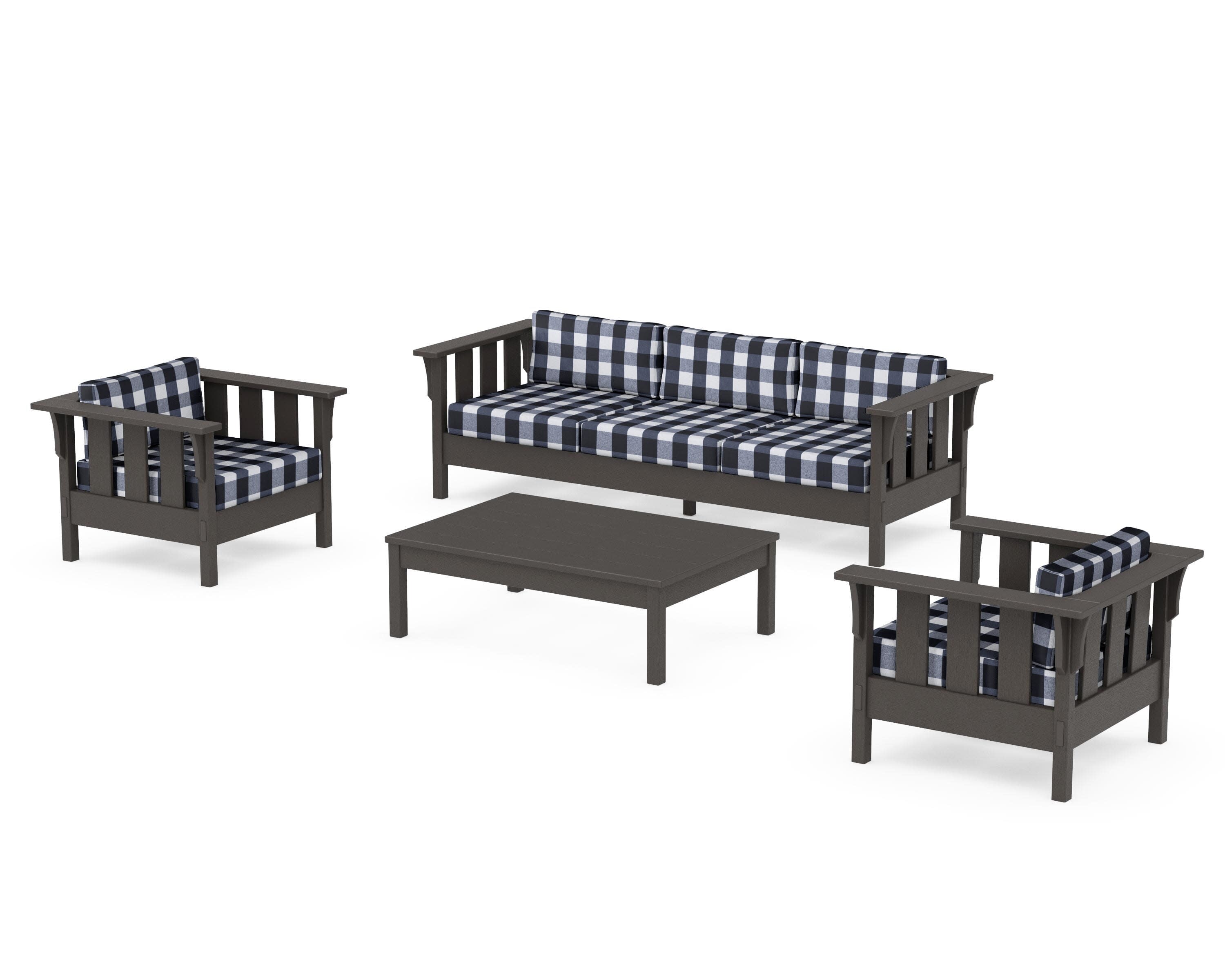 Acadia 4-Piece Deep Seating Set with Sofa in Vintage Coffee / Buffalo Plaid Marine Indigo