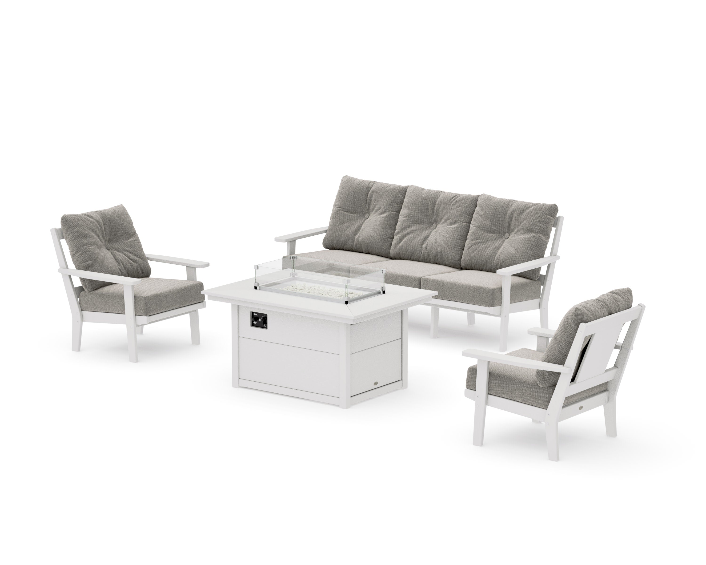 Prairie Deep Seating Fire Pit Table Set in Vintage White / Weathered Tweed