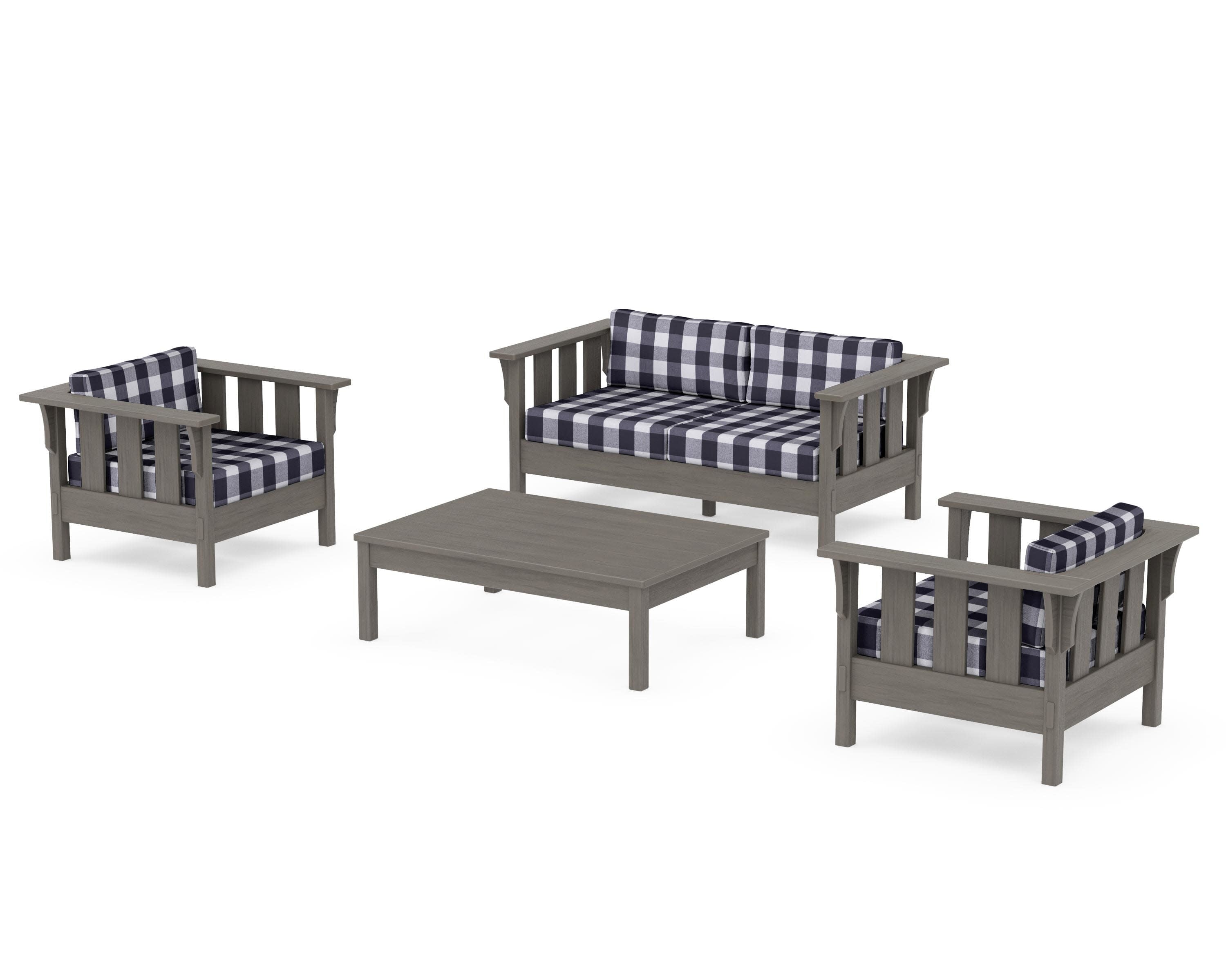 Acadia 4-Piece Deep Seating Set with Loveseat in Driftwood / Buffalo Plaid Navy