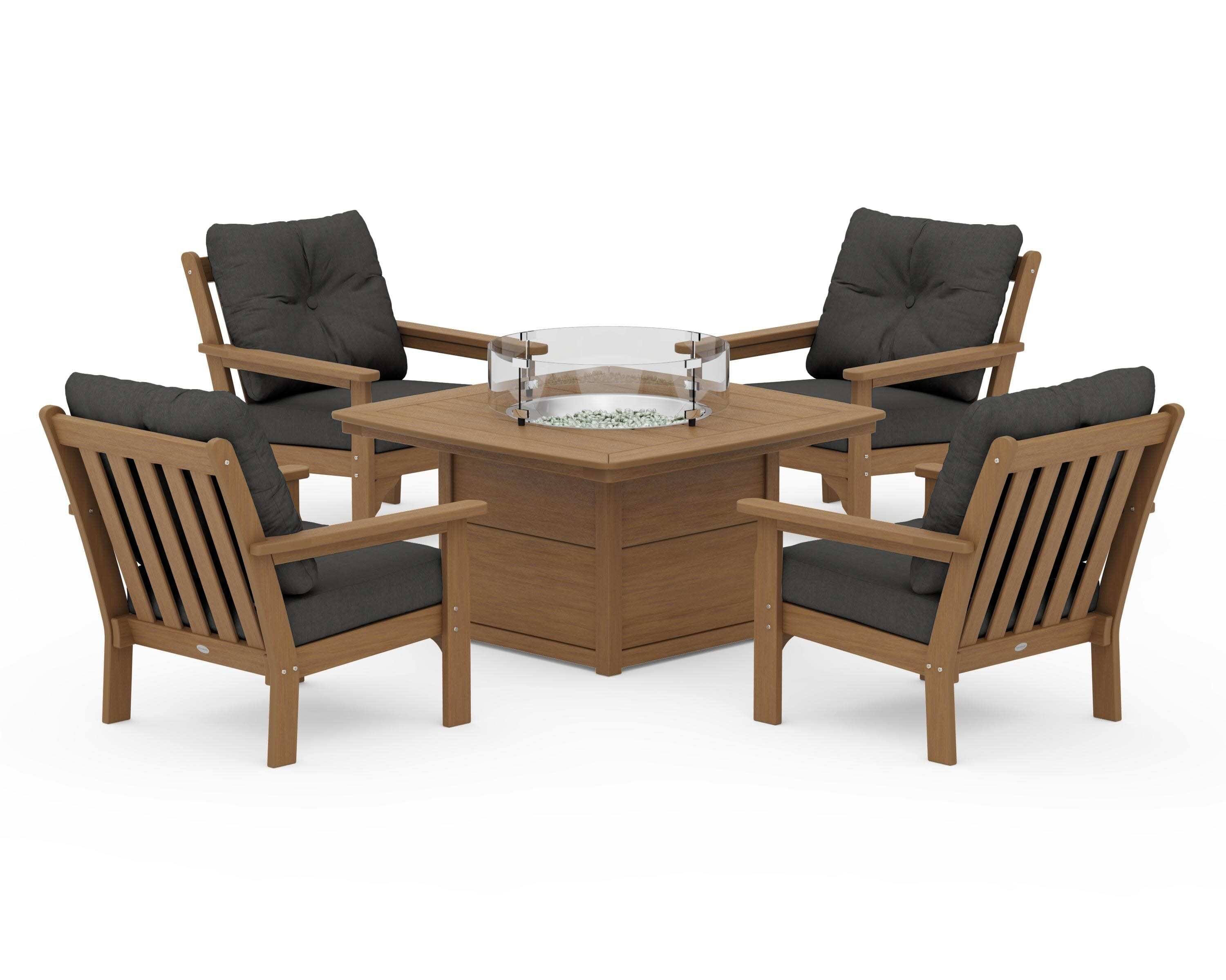 Vineyard 5-Piece Conversation Set with Fire Pit Table in Natural / Spectrum Carbon