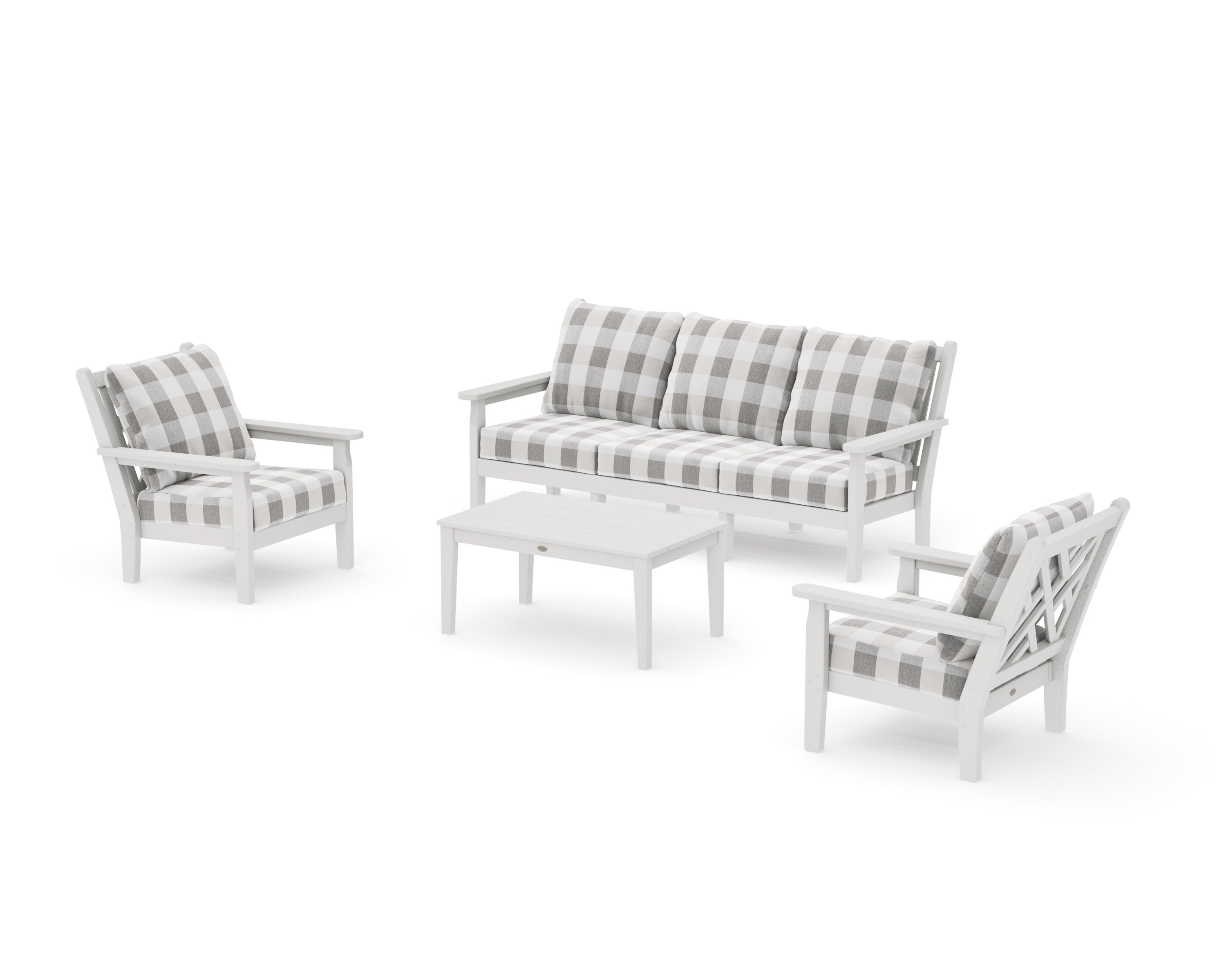Chippendale 4-Piece Deep Seating Set with Sofa in Vintage White / Buffalo Plaid Grey Mist