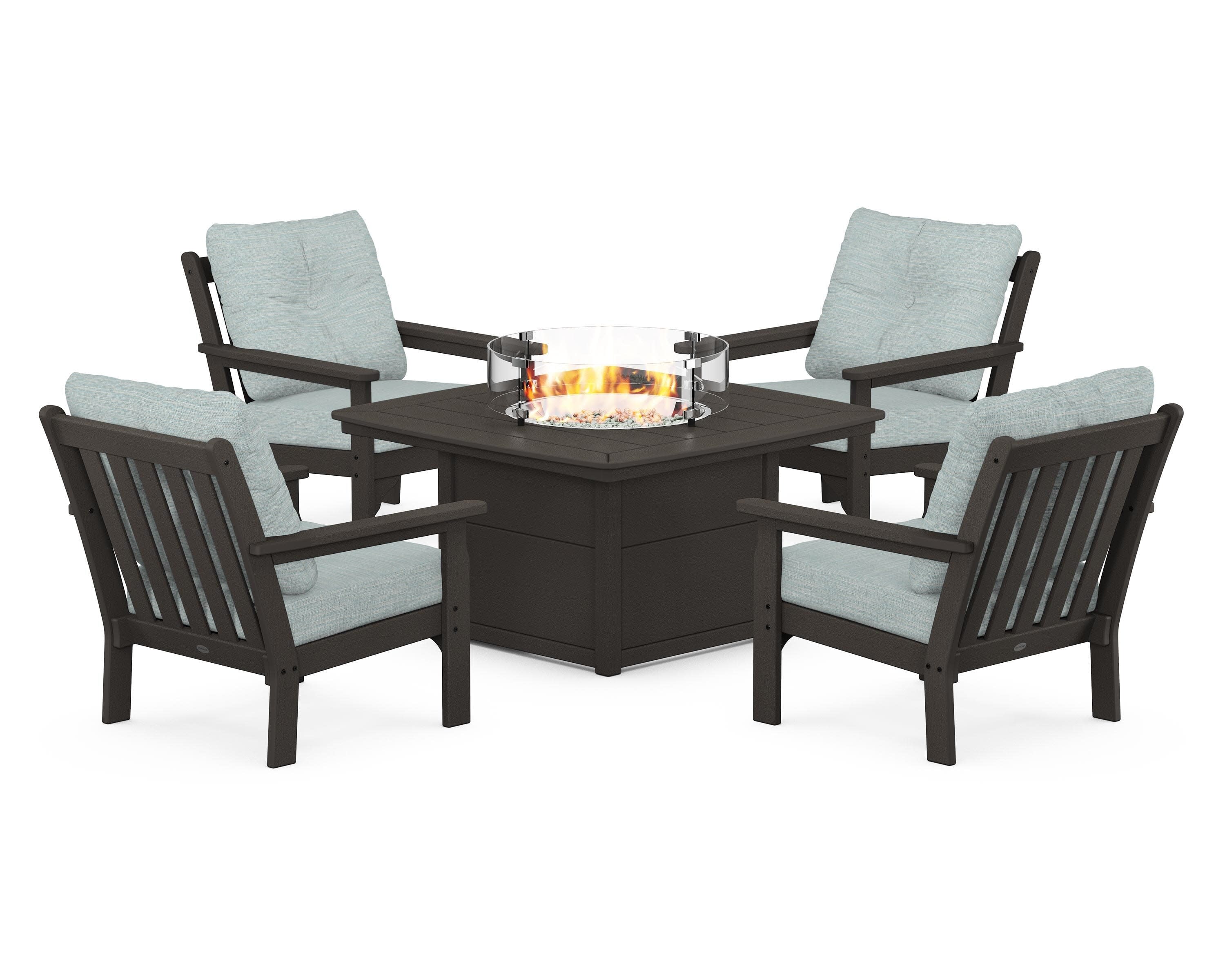 Vineyard 5-Piece Conversation Set with Fire Pit Table in Vintage Coffee / Soothe Mist