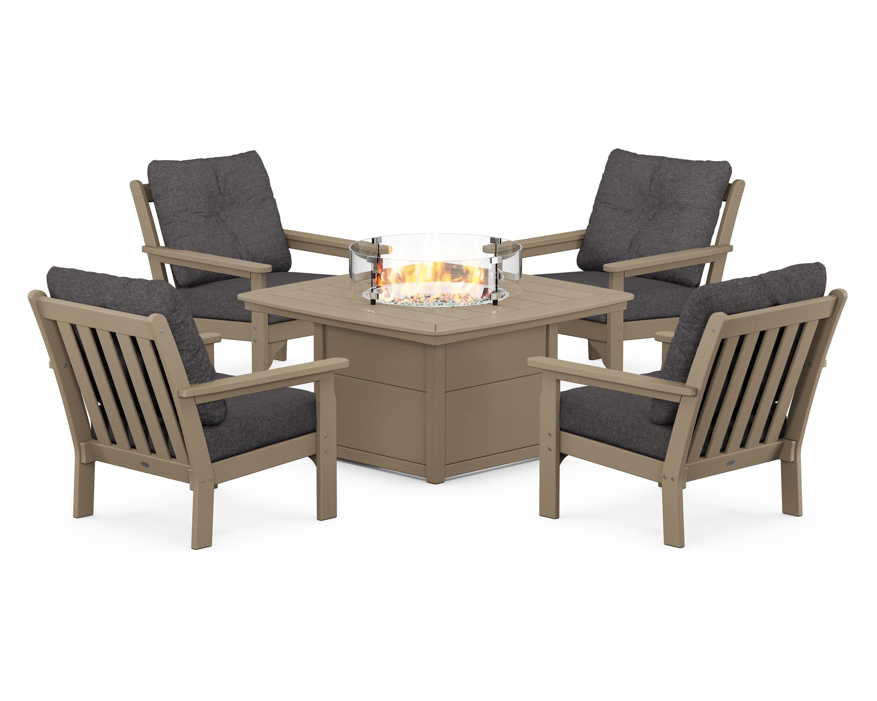 Vineyard 5-Piece Conversation Set with Fire Pit Table in Vintage Sahara / Ash Charcoal