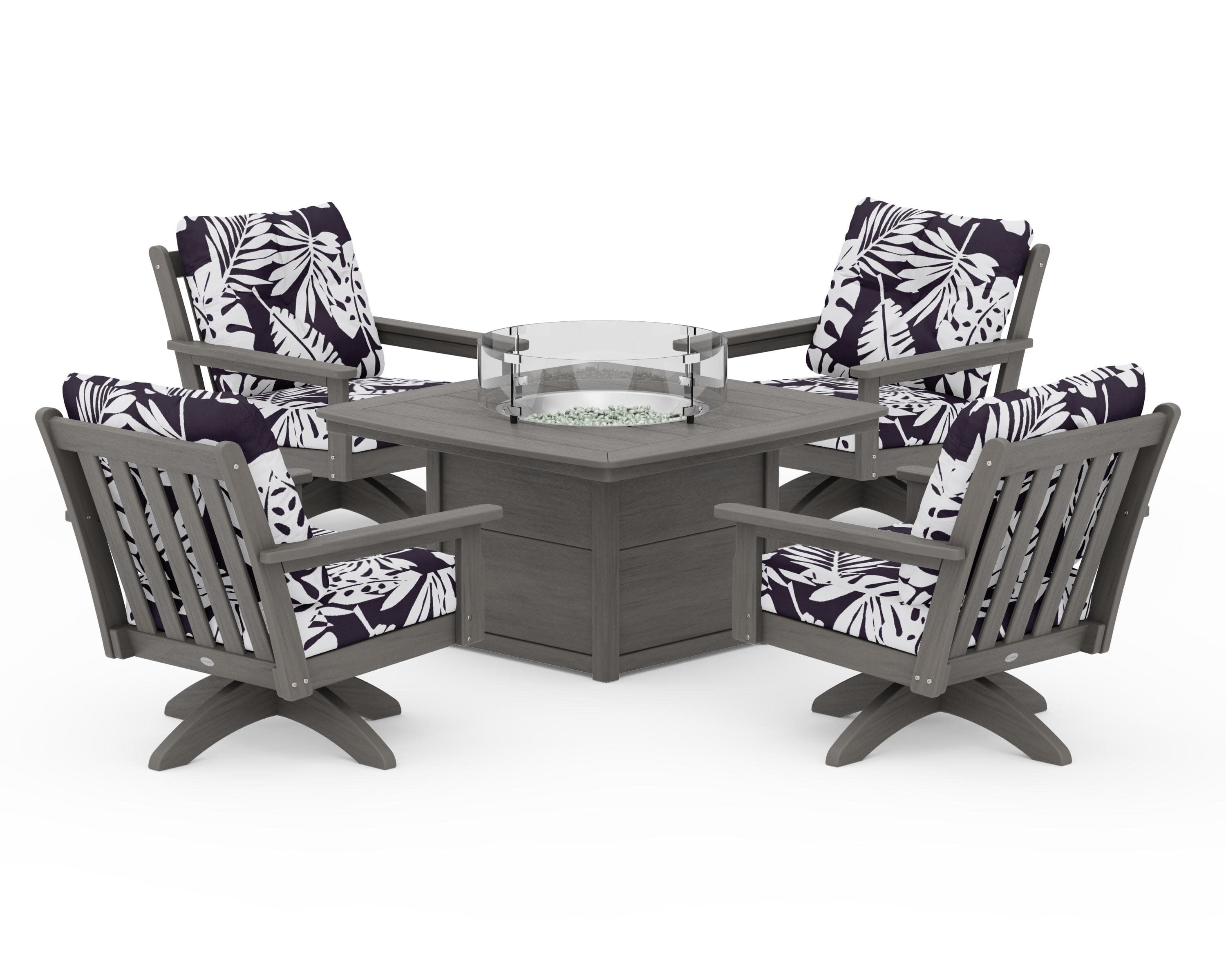Vineyard 5-Piece Deep Seating Swivel Conversation Set with Fire Pit Table in Driftwood / Leaf Navy