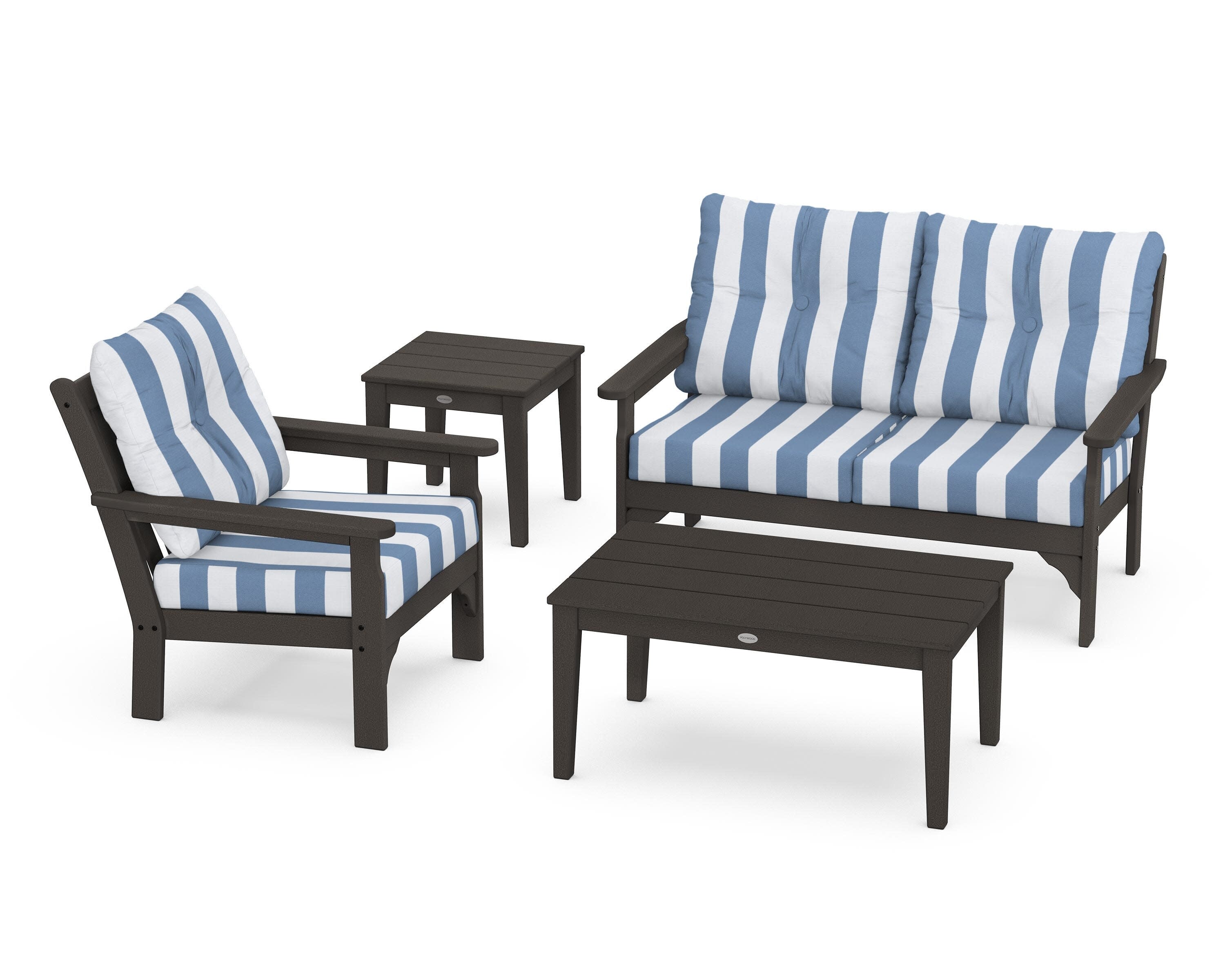 Vineyard 4-Piece Deep Seating Set in Vintage Coffee / Cabana Stripe Sky Blue