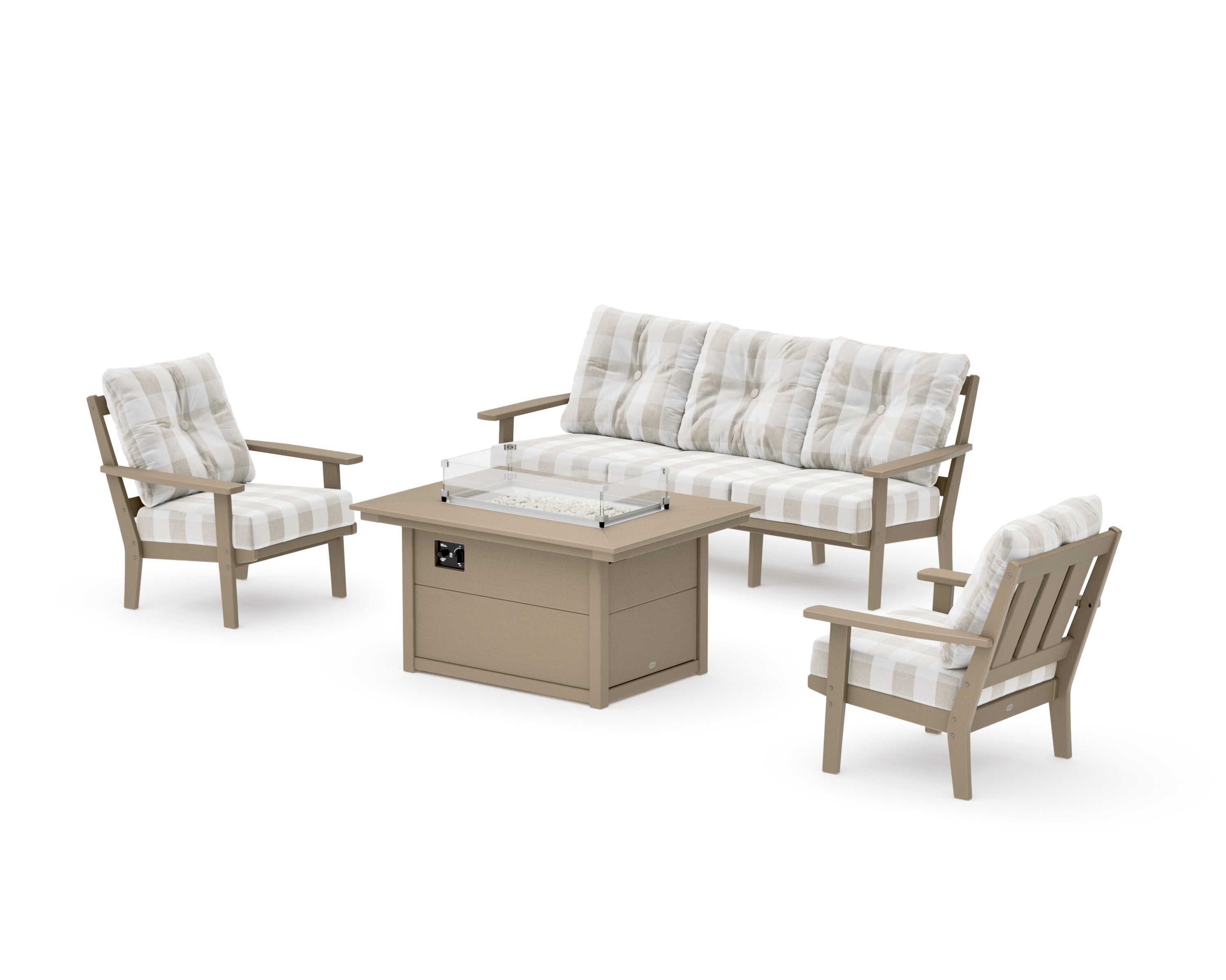 Oxford Deep Seating Fire Pit Table Set in Vintage Sahara / Buffalo Plaid Dune Burlap