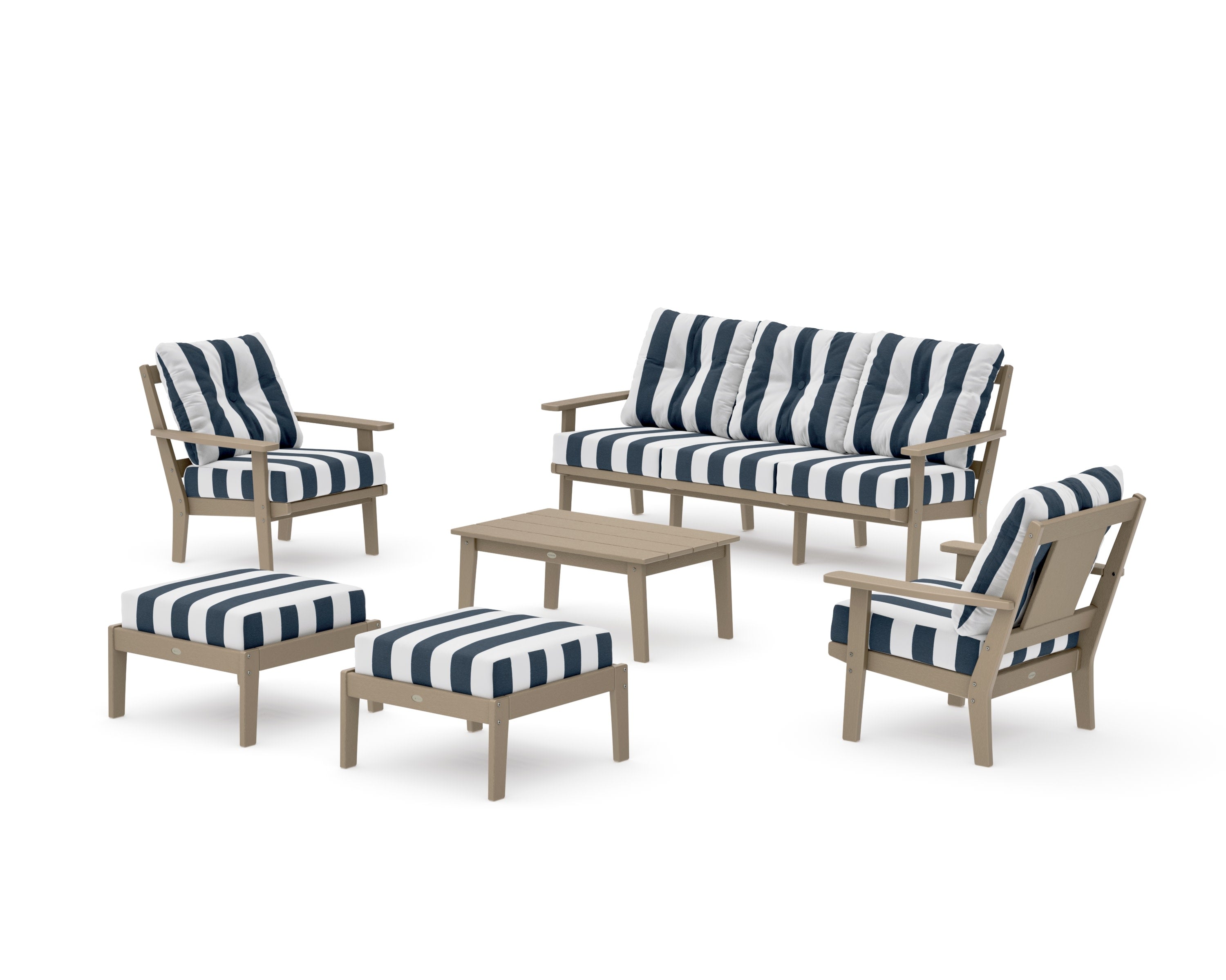 Prairie 6-Piece Lounge Sofa Set in Vintage Sahara / Cabana Stripe Marine Indigo