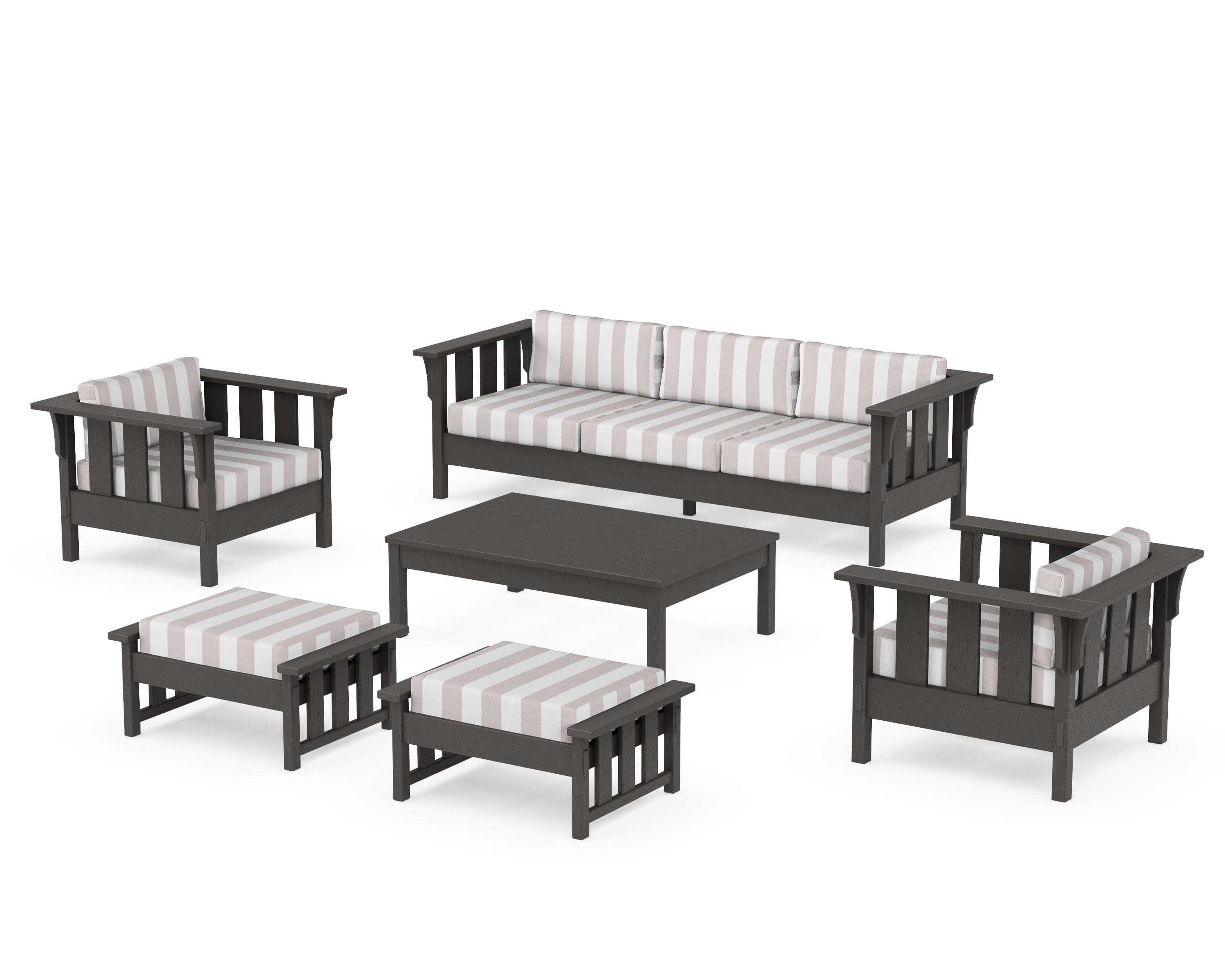 Acadia 6-Piece Lounge Sofa Set in Vintage Coffee / Cabana Stripe Dune Burlap