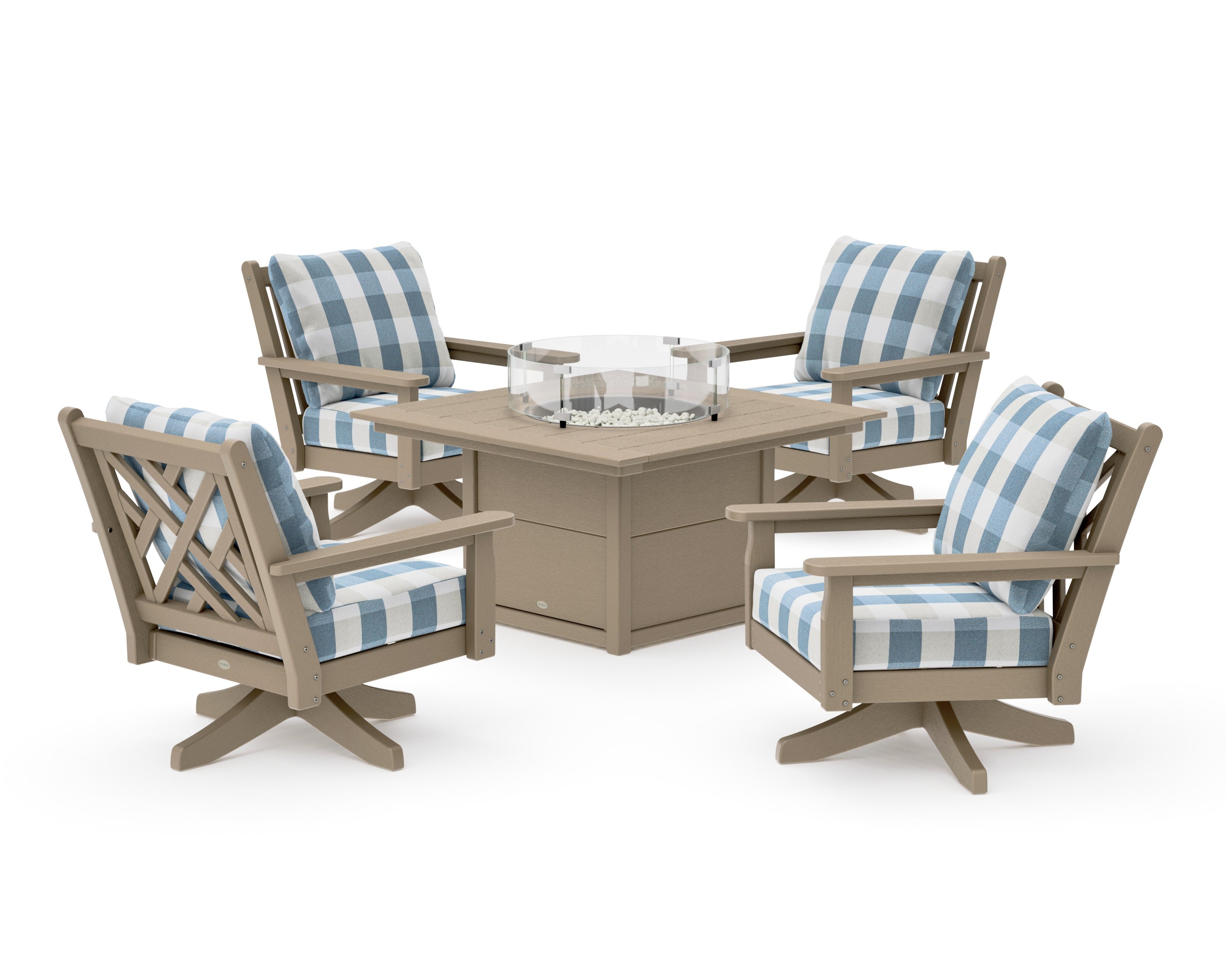 Chippendale 5-Piece Deep Seating Swivel Conversation Set with Fire Pit Table in Vintage Sahara / Buffalo Plaid Sky Blue